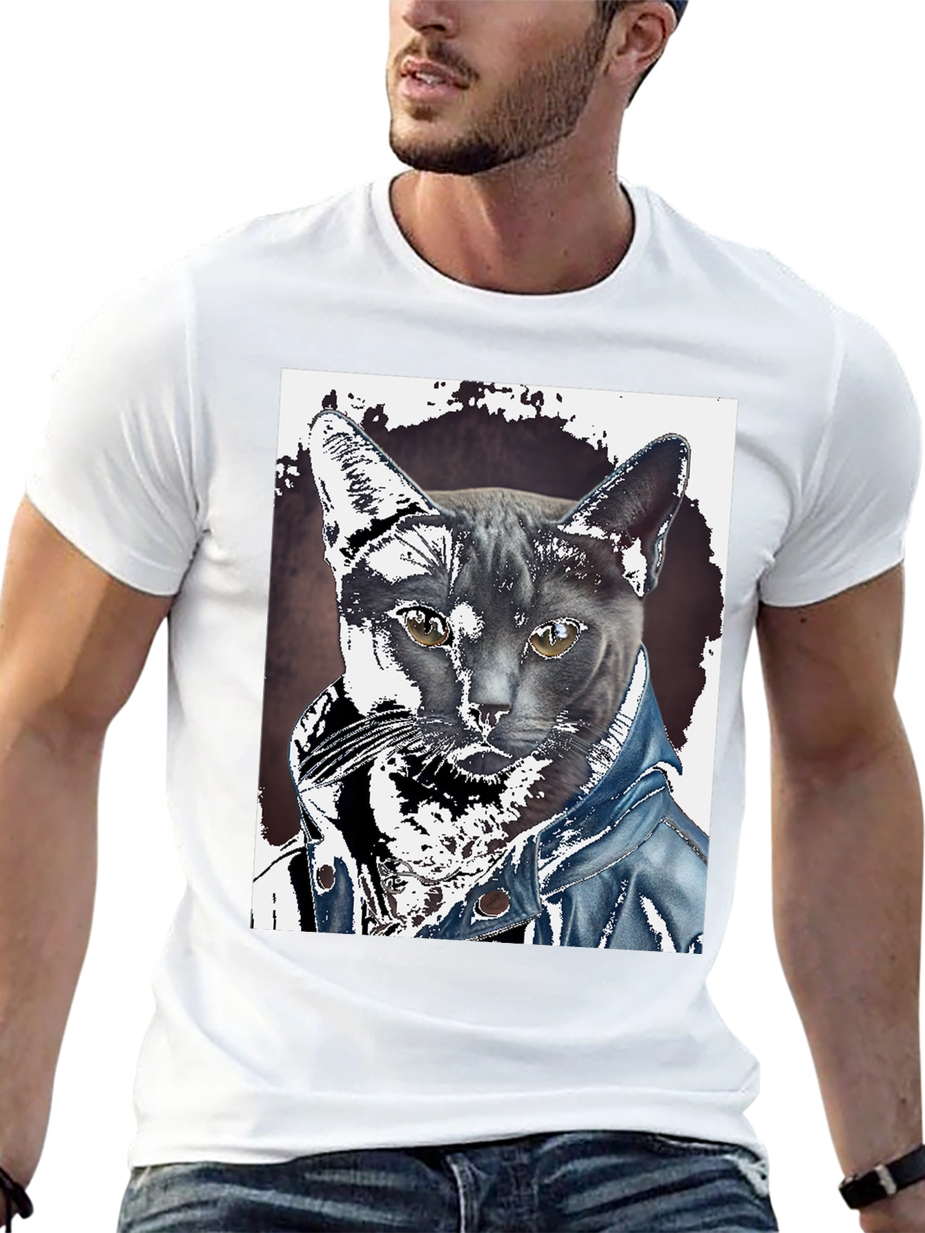 Black Cat in Denim Jacket Graphic Tee - Unique Print view 13