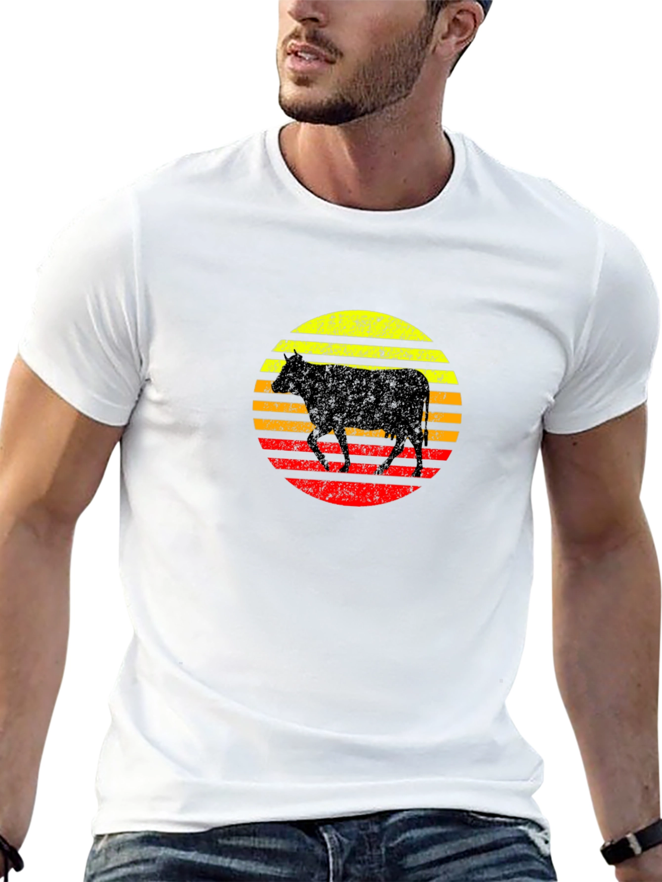 Black Retro Cow Sunset Graphic T-Shirt view 13