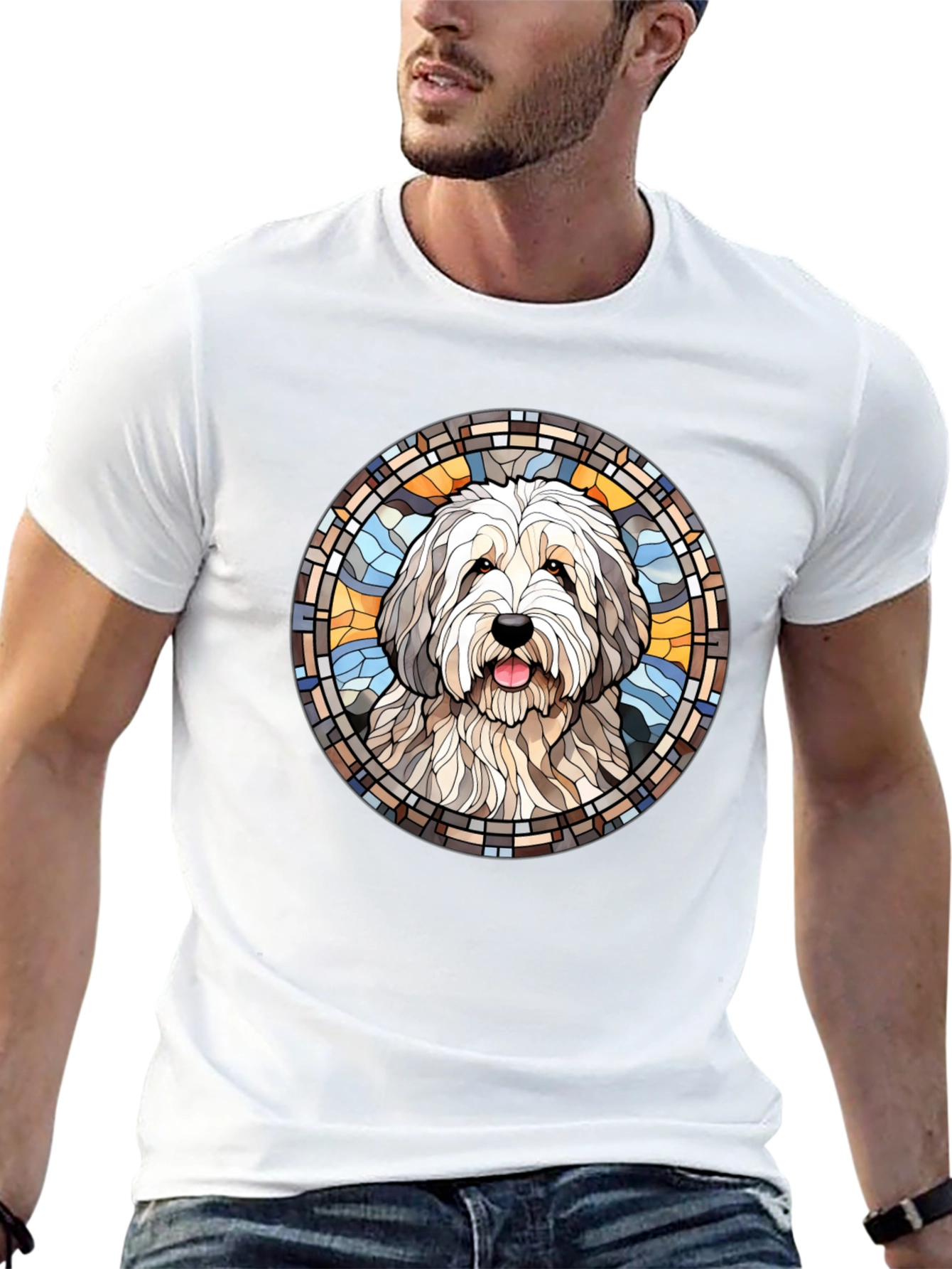 Black Dog Portrait Stained Glass Style Tee view 13