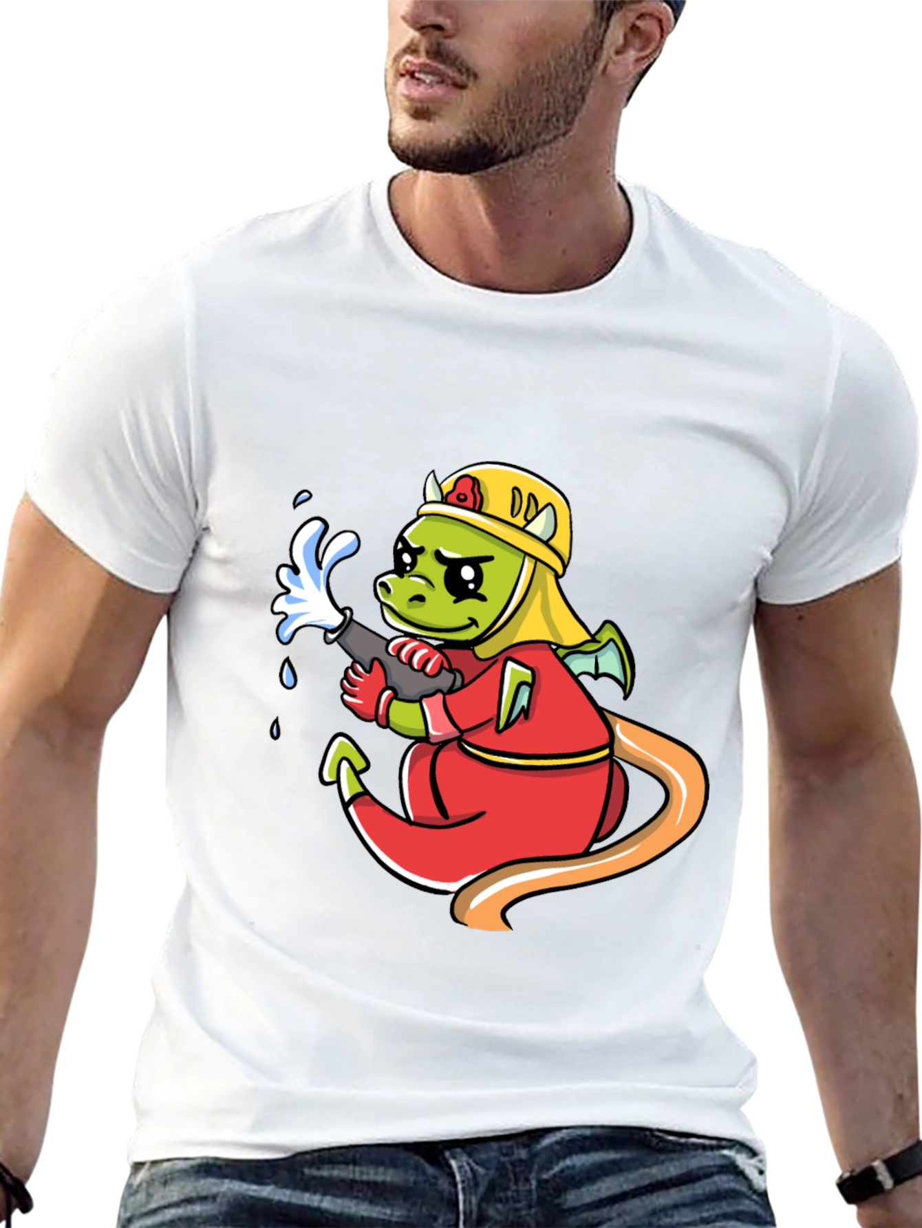 Black Cartoon Dragon Firefighter Graphic T-Shirt view 13