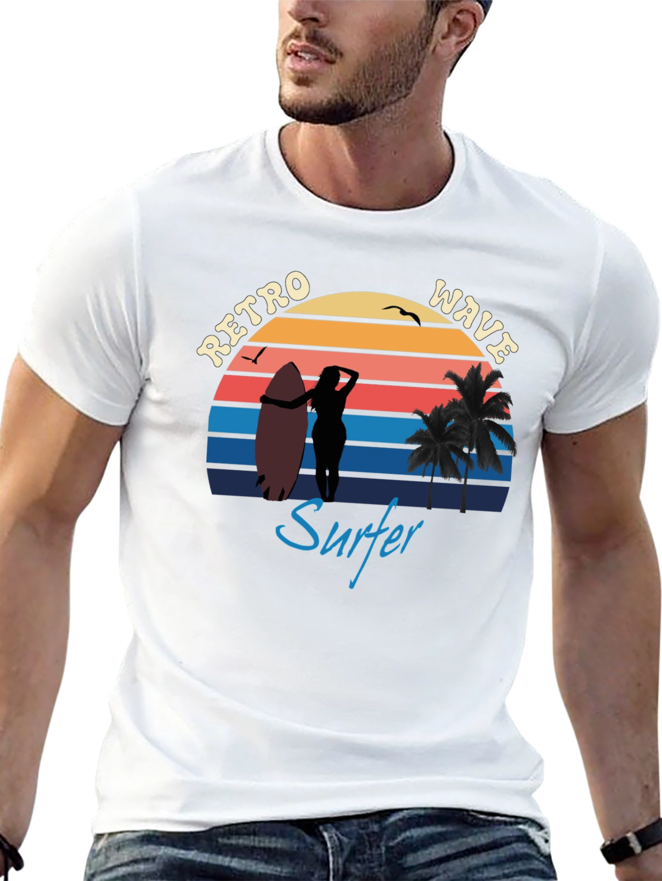 Black Retro Wave Surfer T-Shirt | Vintage Surf Design view 13