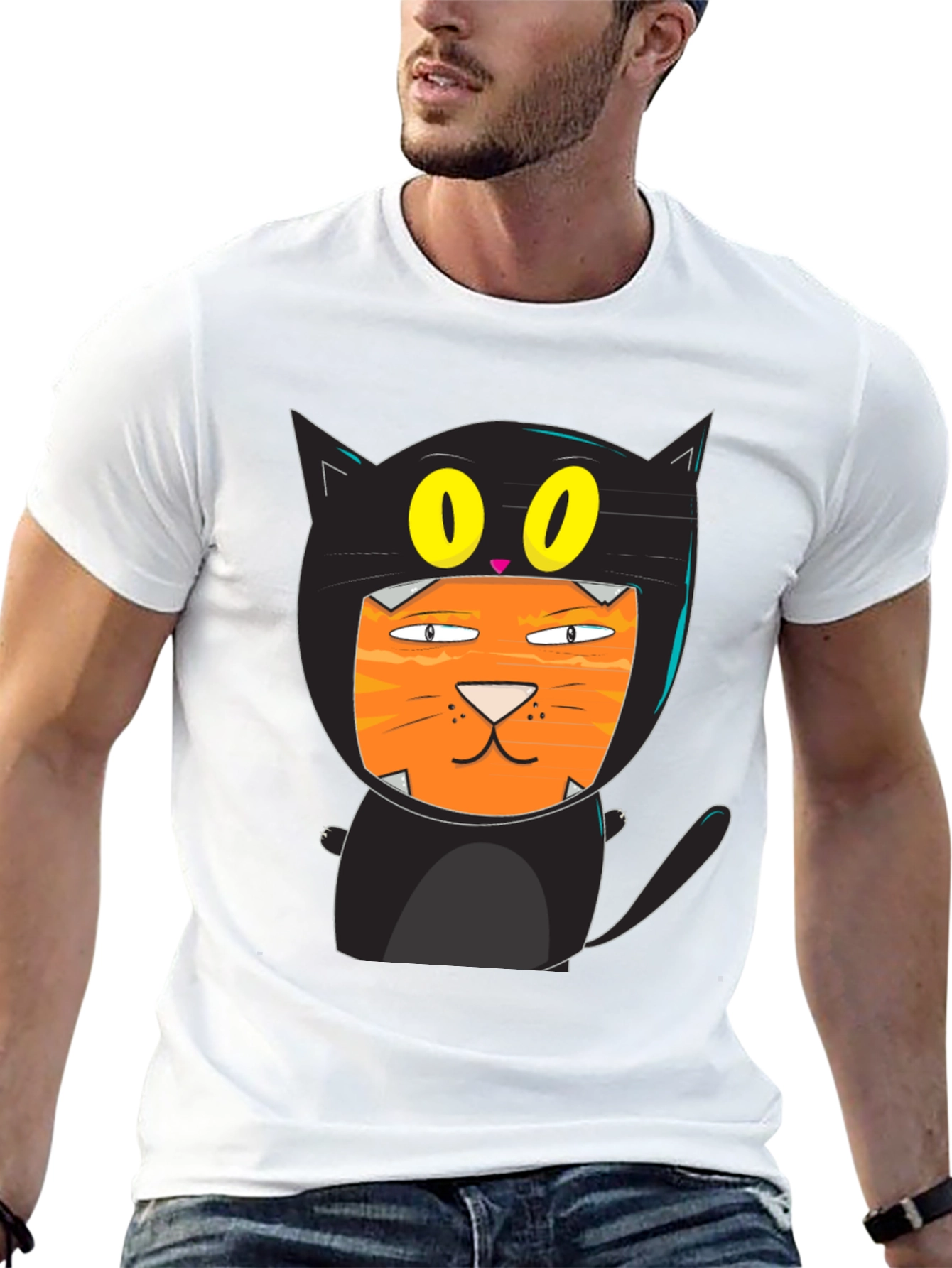 Black Funny Cat Costume T-Shirt Black Cotton view 13
