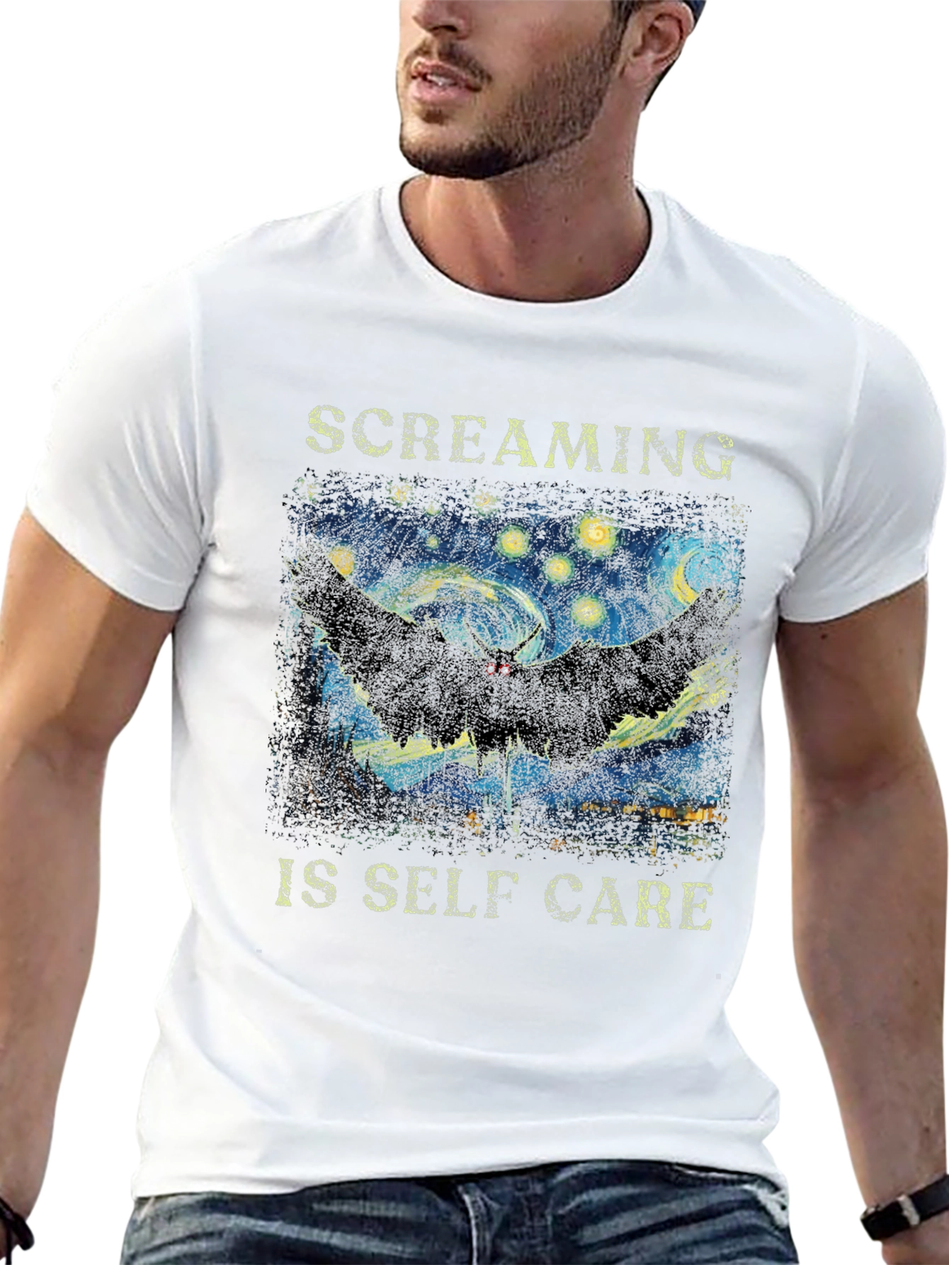 Black Screaming Is Self Care T-Shirt Starry Night Mothman Tee view 13