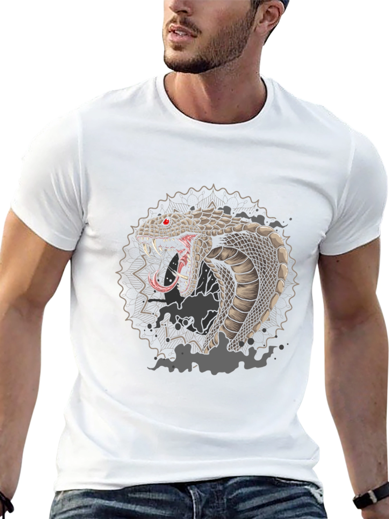 Black Men's Black Graphic Tee - Cobra Snake Design view 13