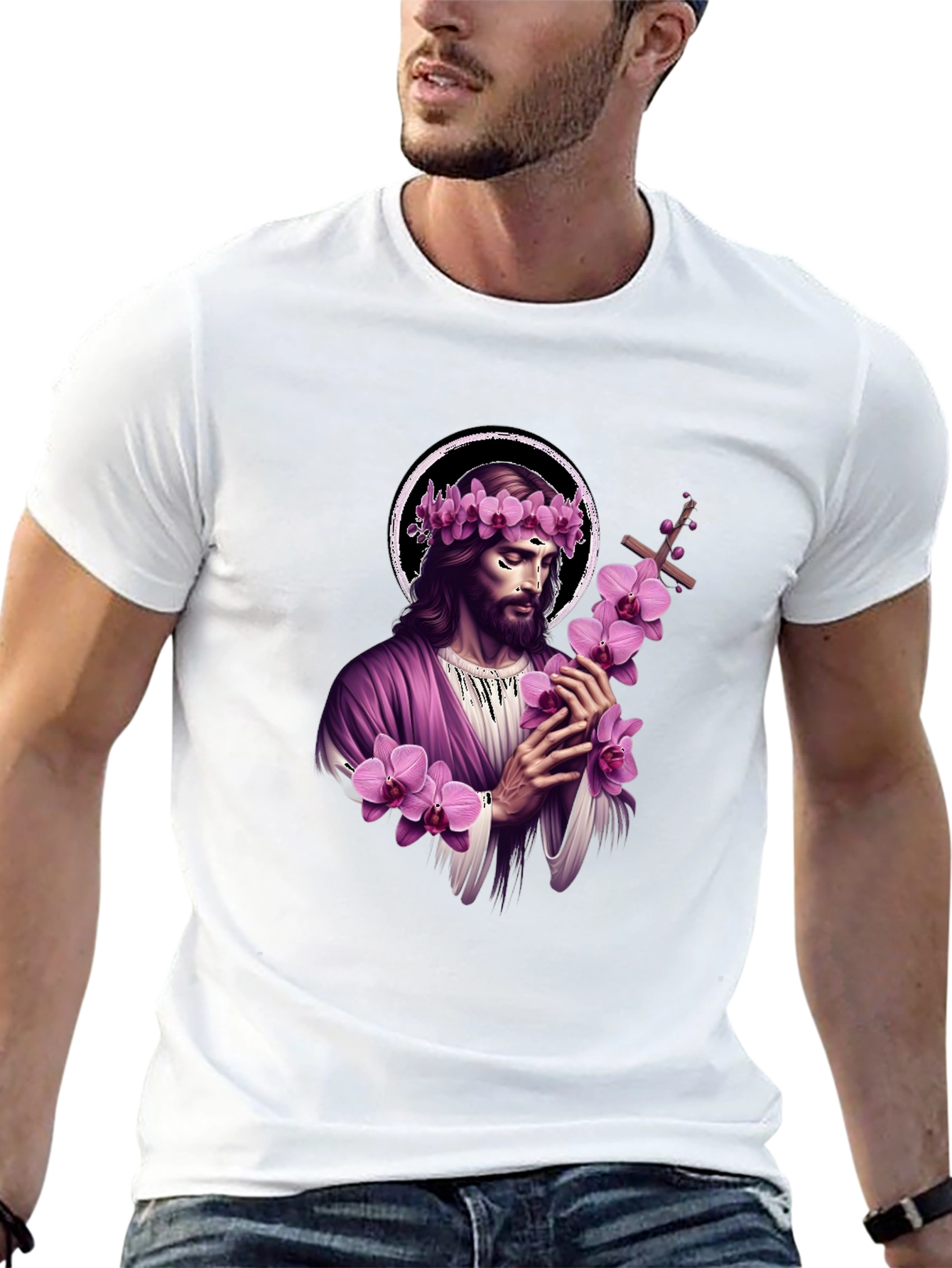 Black Jesus with Flowers Graphic T-Shirt - Soft Black Cotton Blend view 13