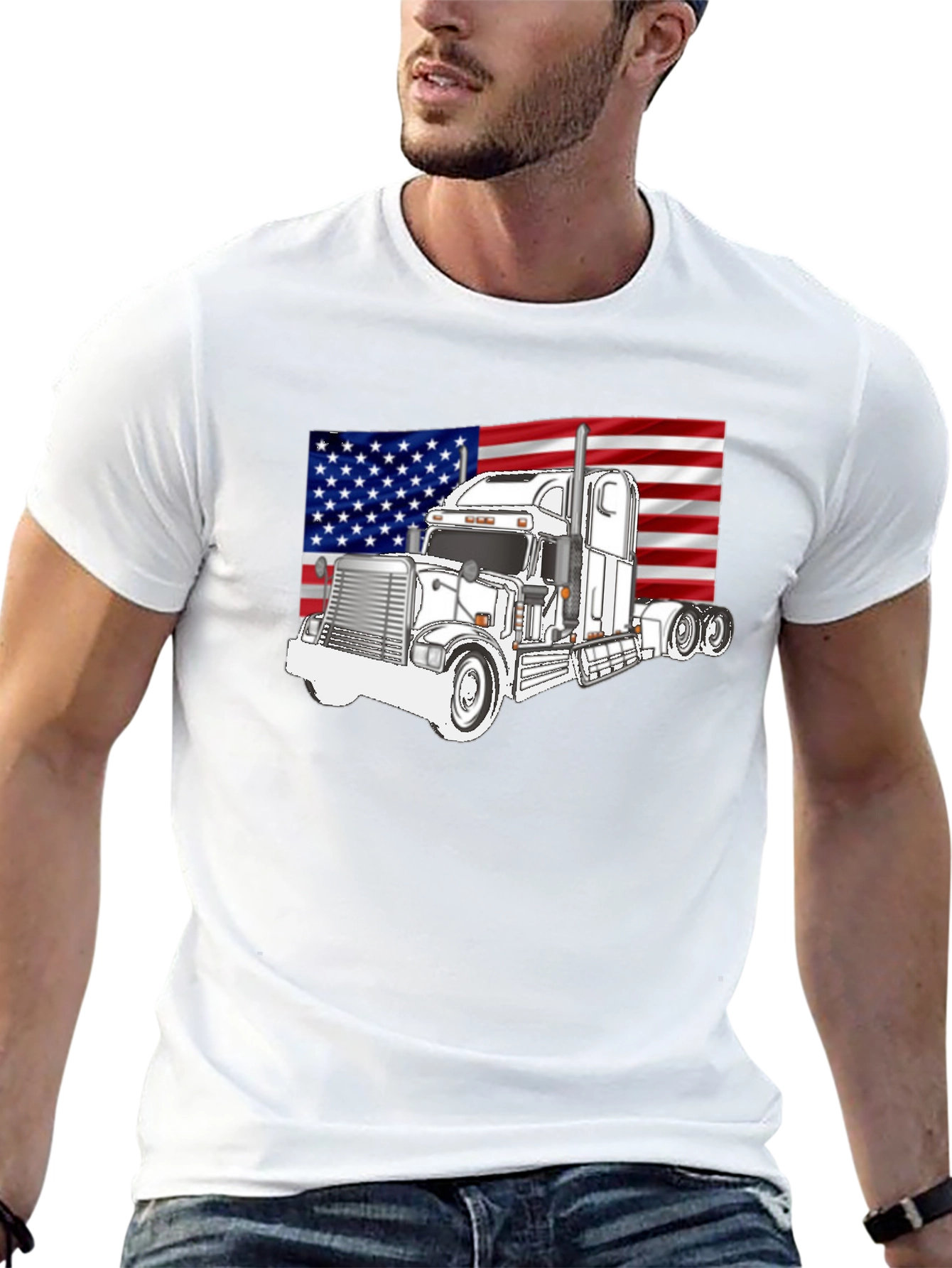 Black Trucker Pride Tee: American Flag Semi Truck Graphic T-Shirt view 13