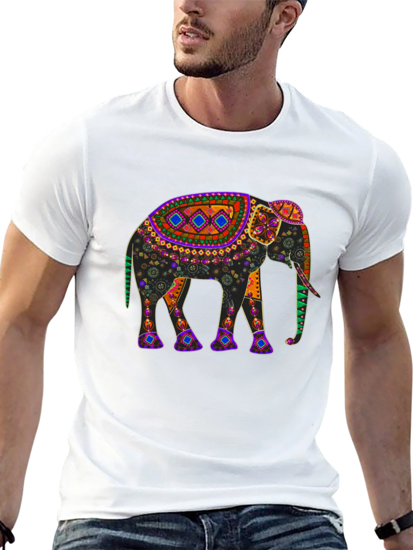 Black Elephant Print T-Shirt: Unique Colorful Design view 13