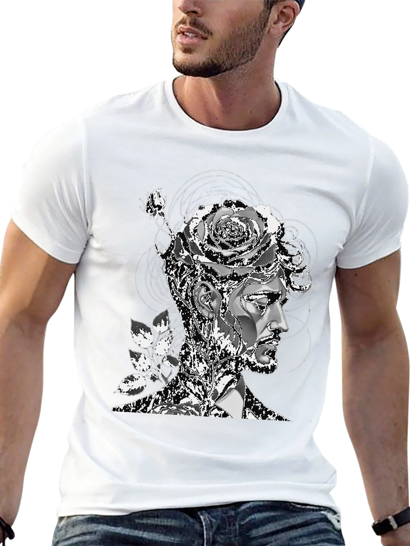 Black Artistic Floral Head T-Shirt - Mens Black Tee view 13