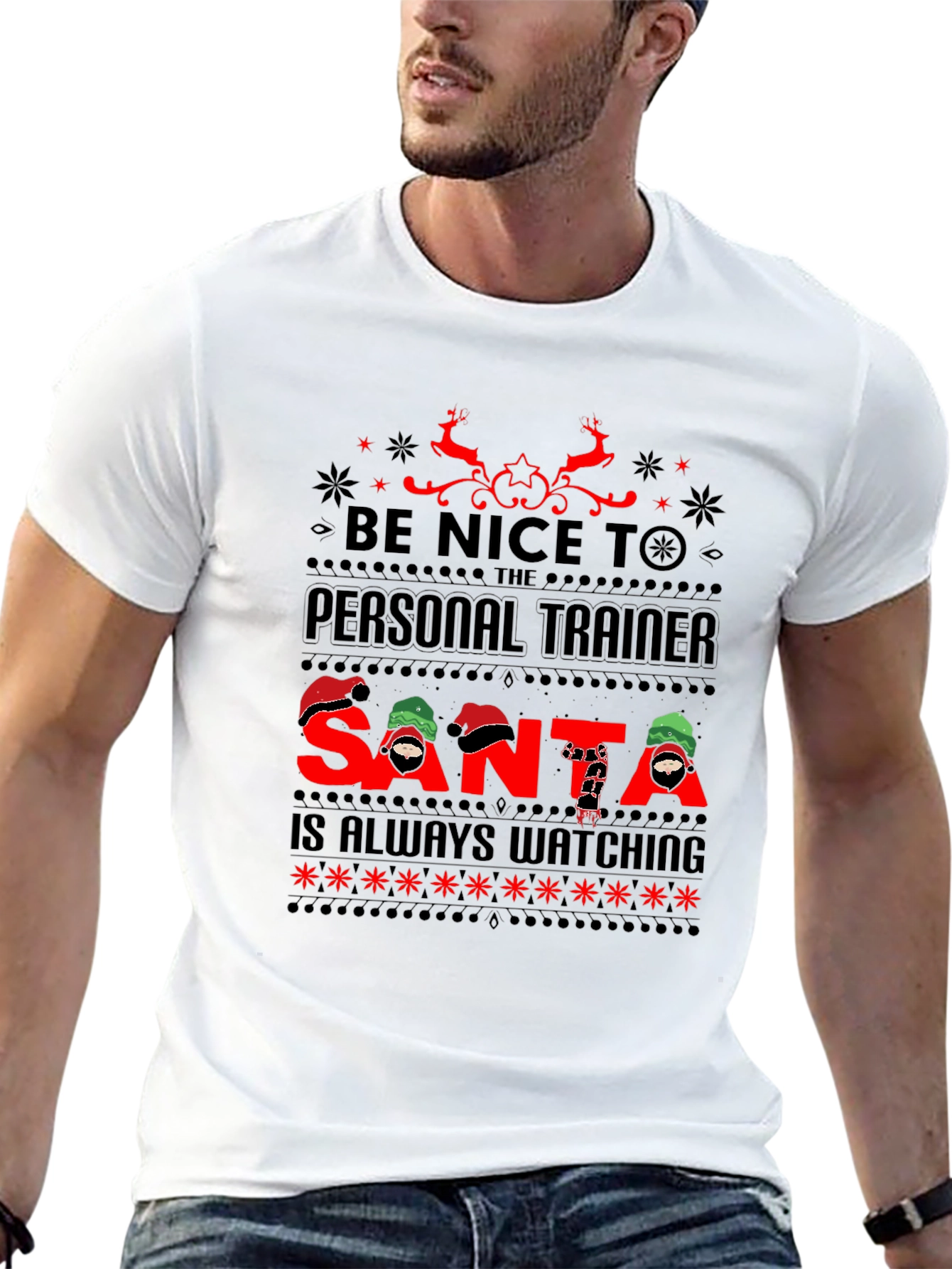 Black Personal Trainer Santa Watching Ugly Christmas T-Shirt view 13