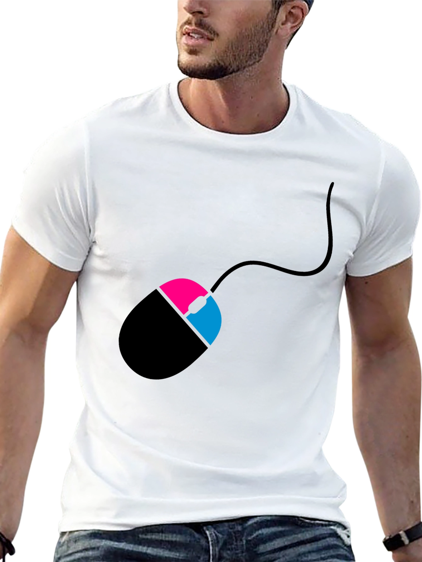 Black Men's Black T-Shirt with Mouse Design view 13