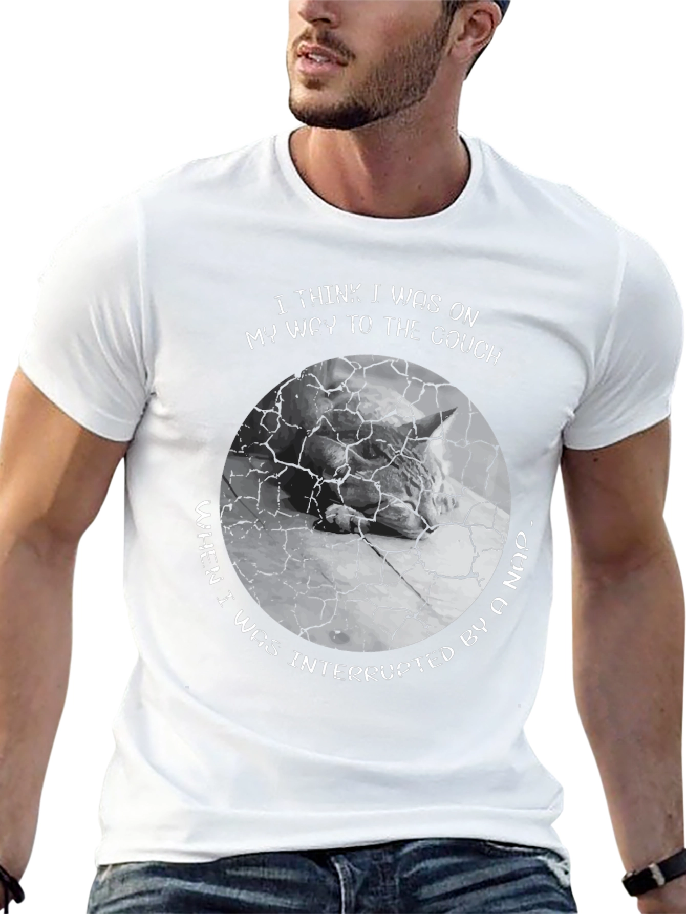 Black Humorous Cat Nap T-Shirt - Couch Interrupted view 13