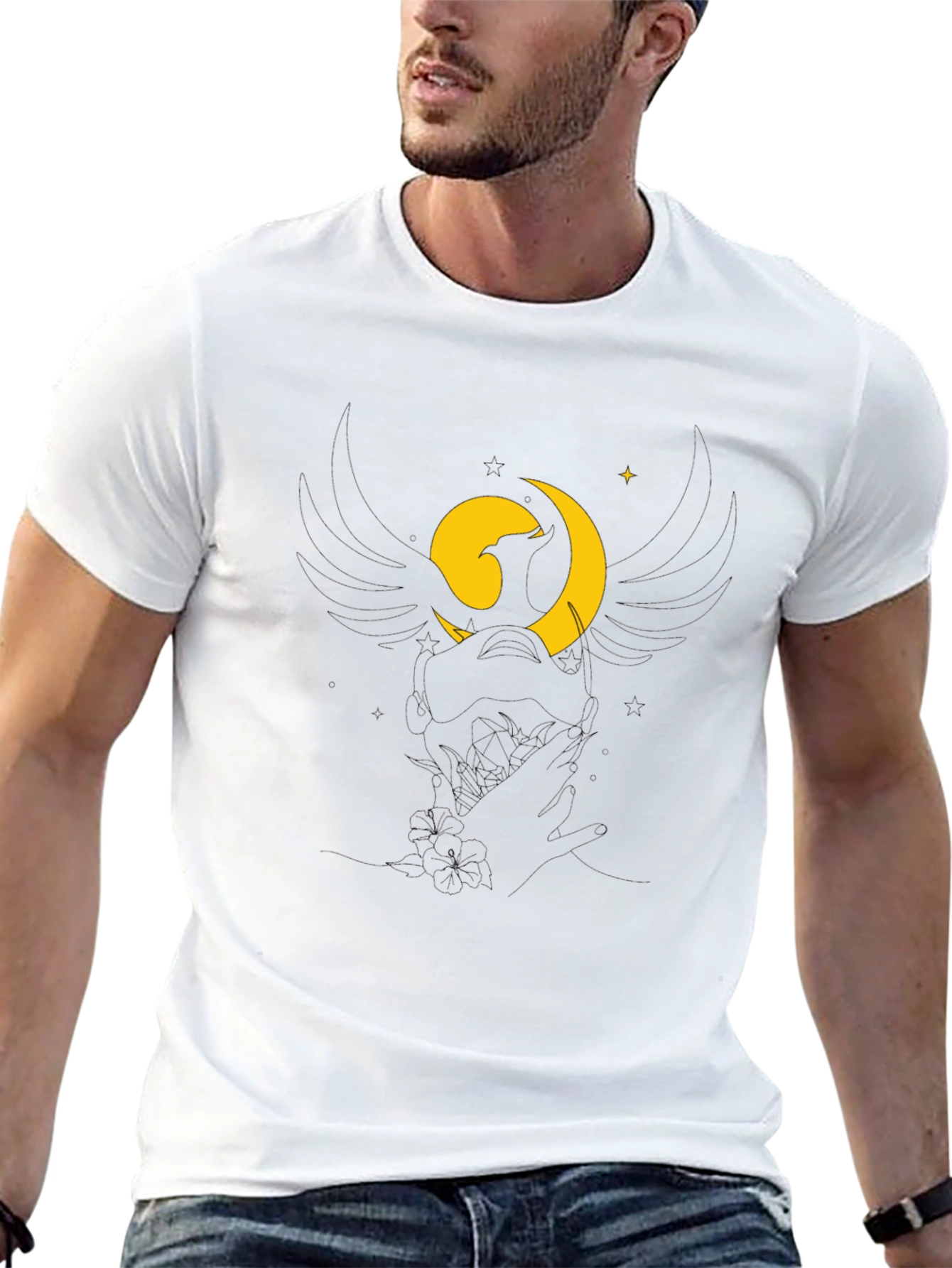 Black Black T-Shirt with Stylized Moon and Bird Graphic view 13