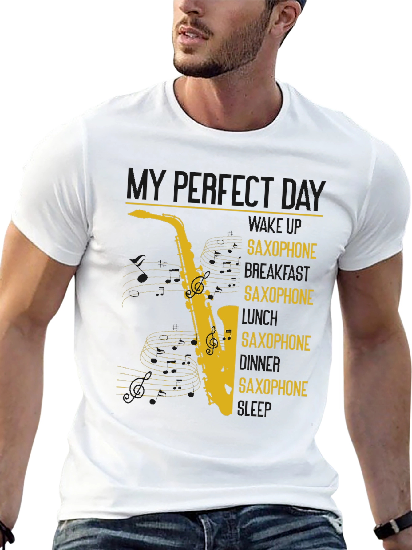 Black Saxophone Lover Graphic T-Shirt - Perfect Day Design view 13