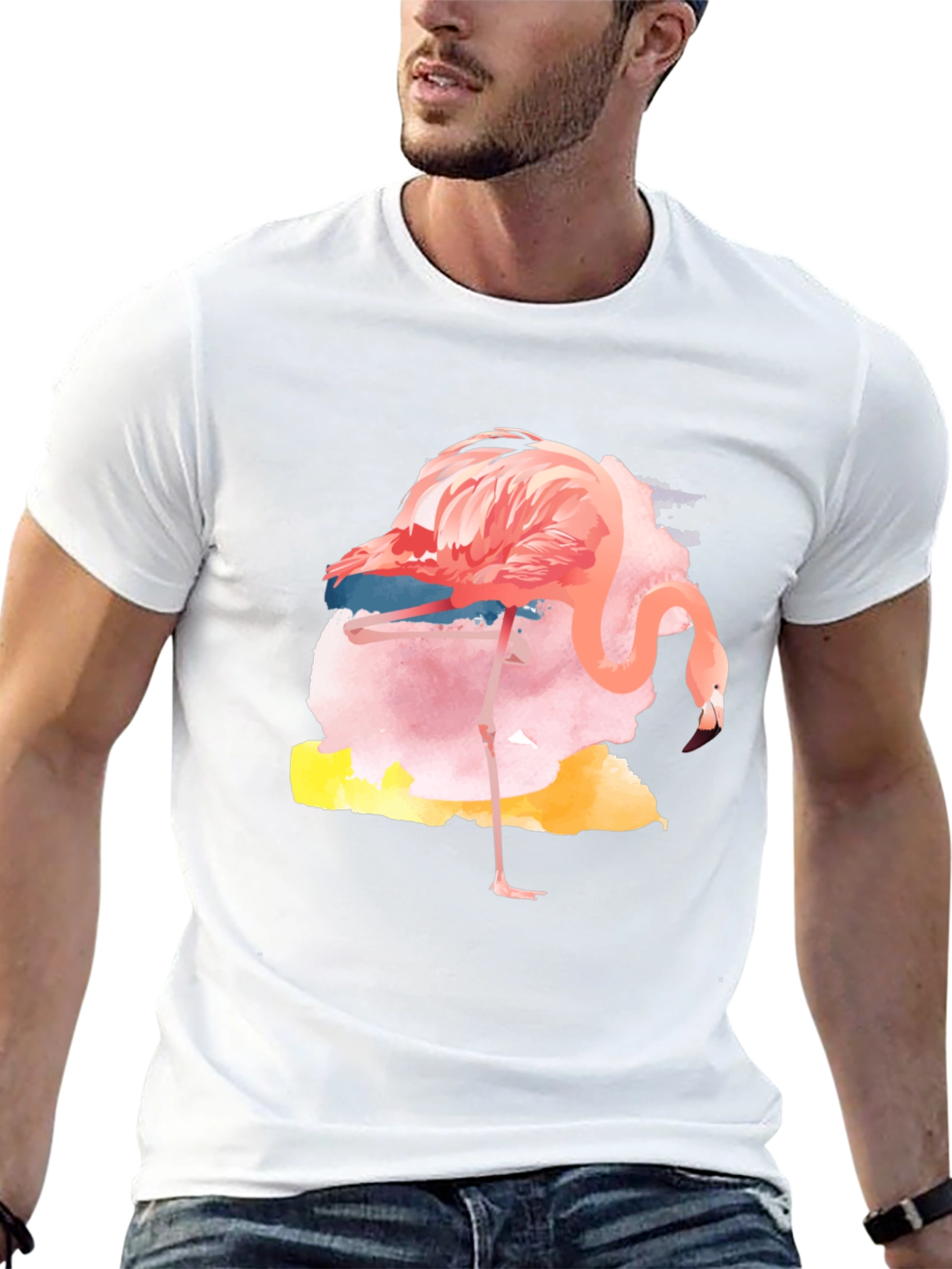 Black Watercolor Flamingo Graphic Tee - Casual Black T-Shirt view 13
