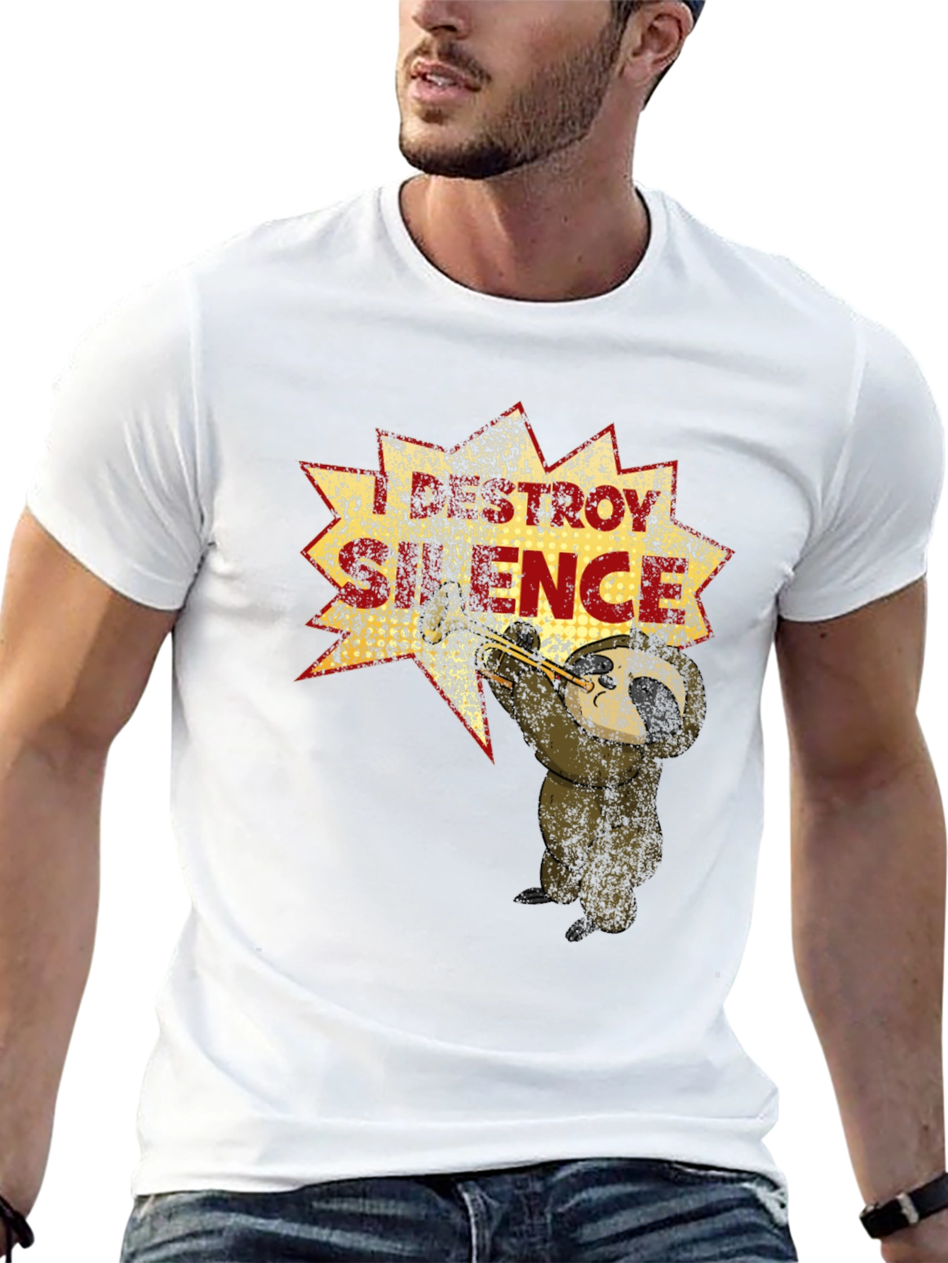 Black I Destroy Silence T-Shirt Funny Sloth Trumpet Tee view 13