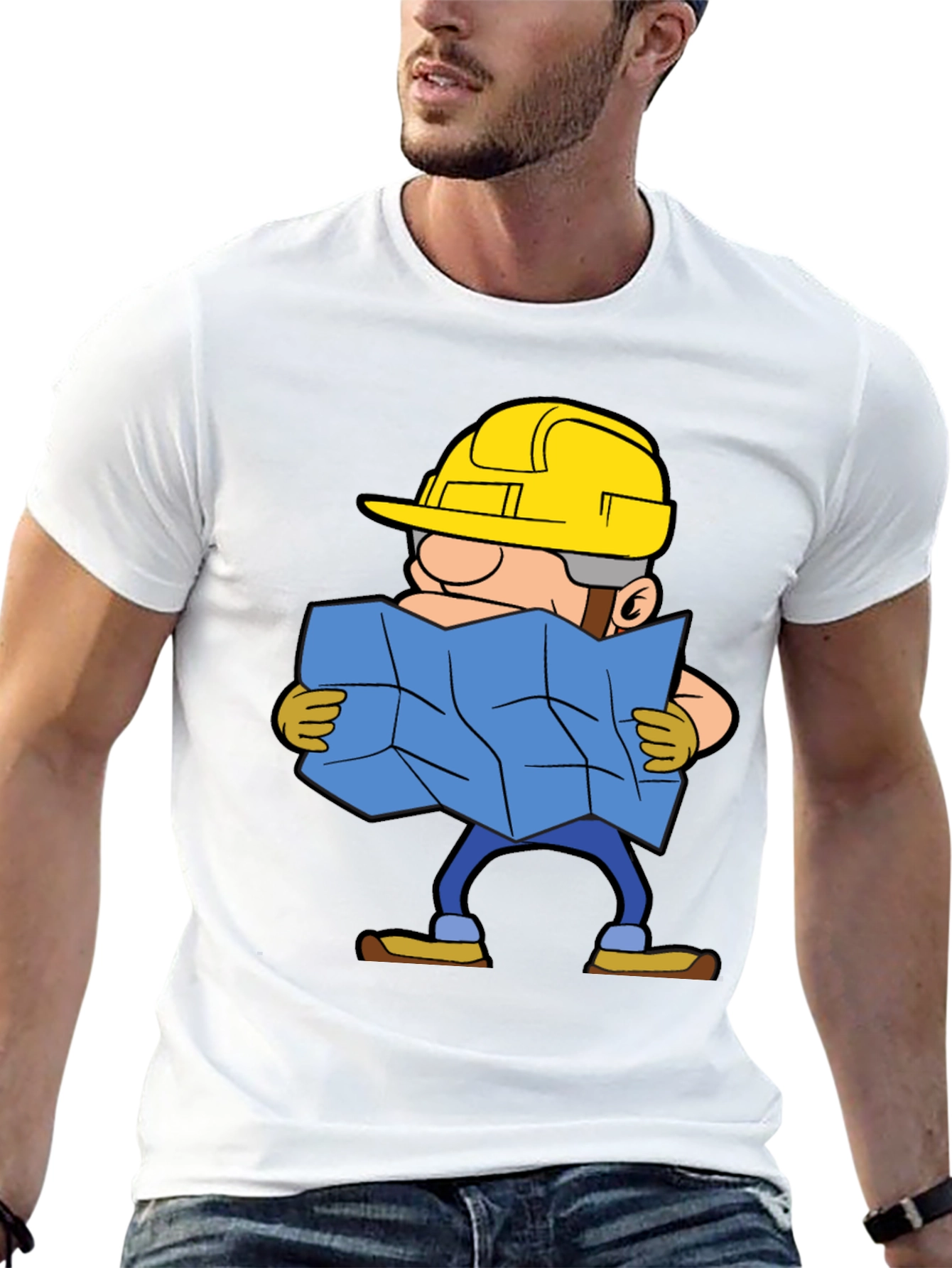 Black Construction Worker Map Cartoon Graphic Tee view 13