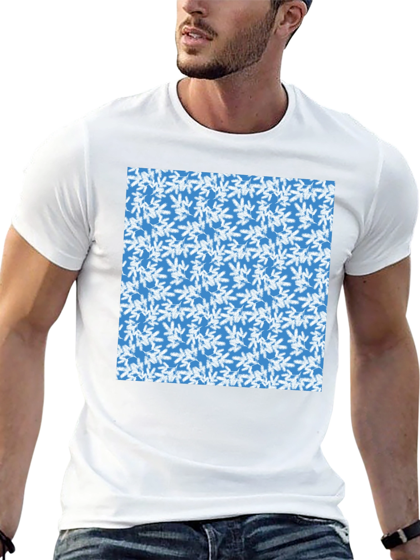 Black Blue & White Leaf Pattern Men's Crew Neck T-Shirt view 13