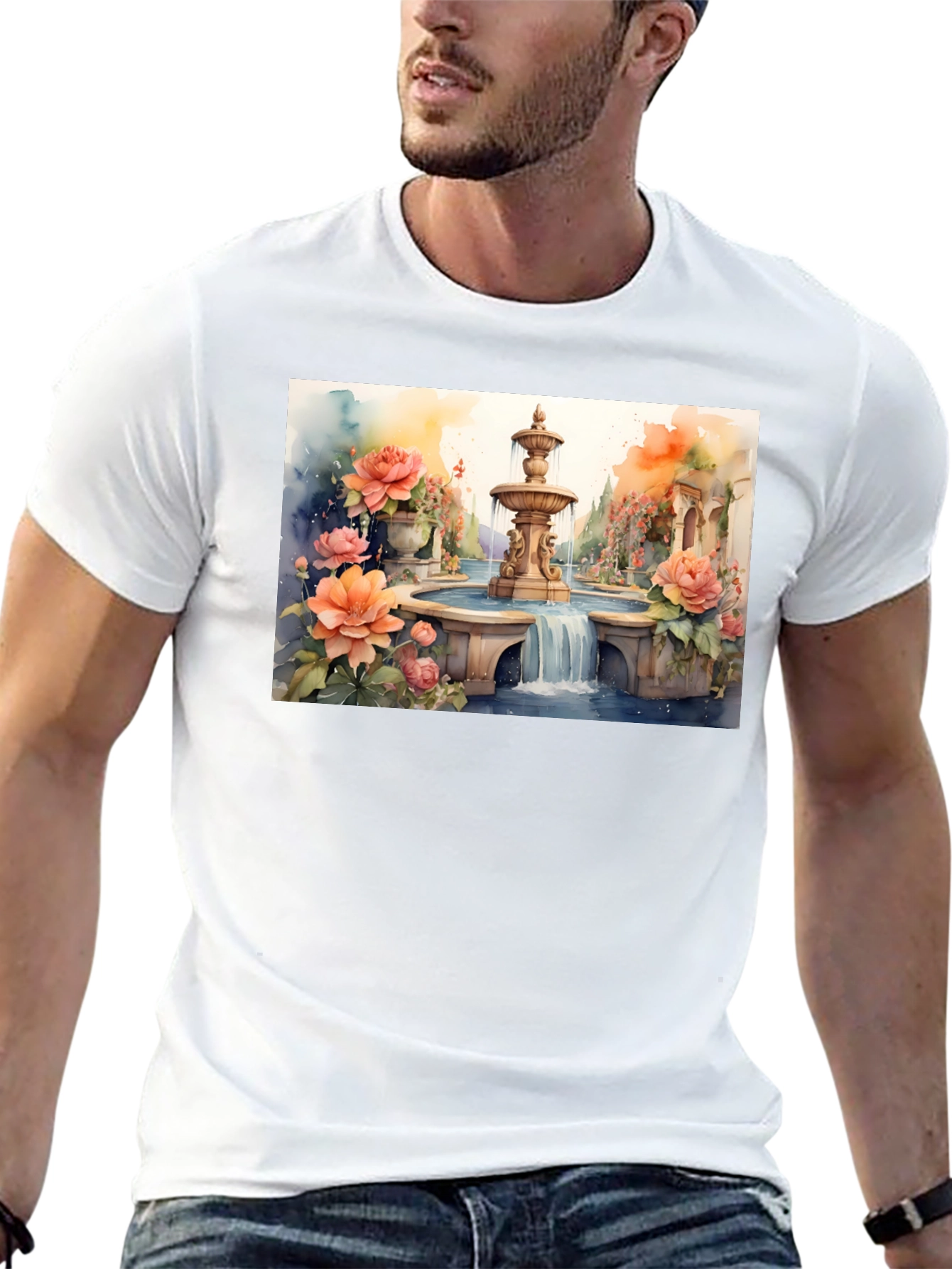 Black Floral Fountain Watercolor Art T-Shirt view 13