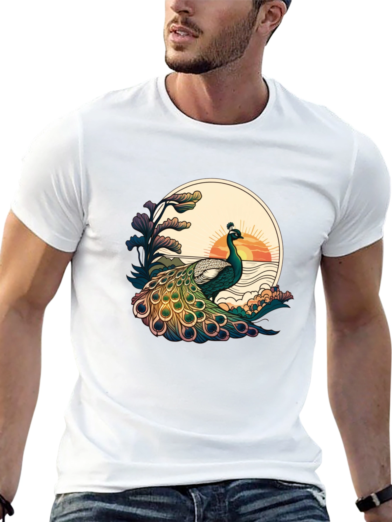Black Peacock Sunset Graphic Tee - Stylish Black T-Shirt view 13