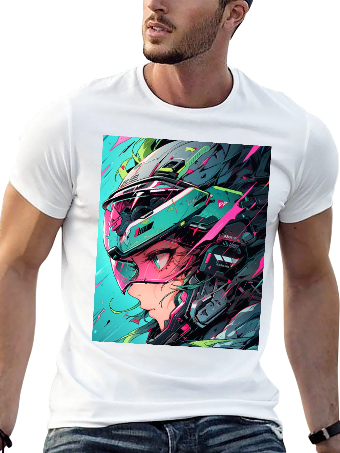 Black Cyberpunk Girl Helmet Graphic Tee view 13