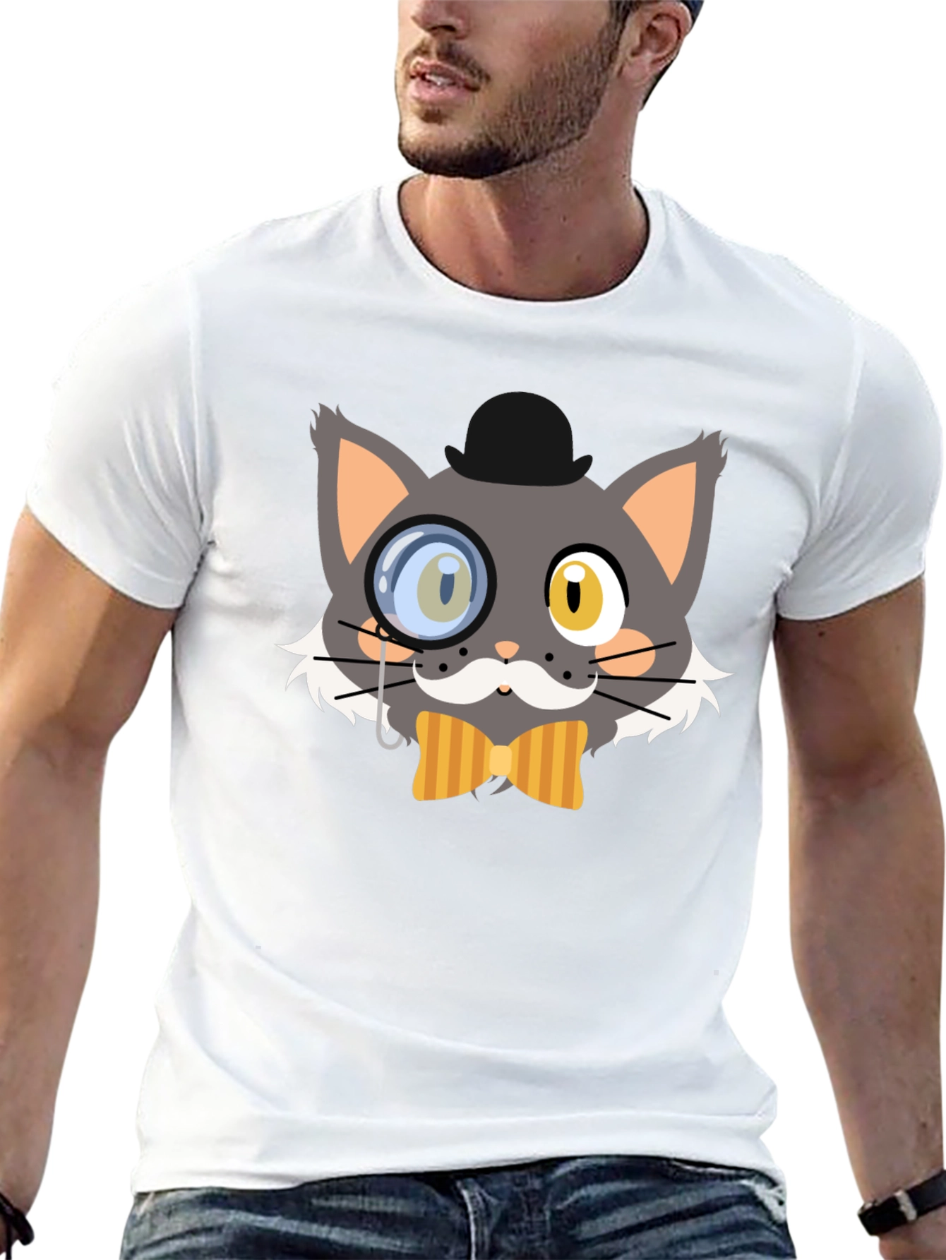 Black Monocle Cat Graphic T-Shirt, Unique Design view 13