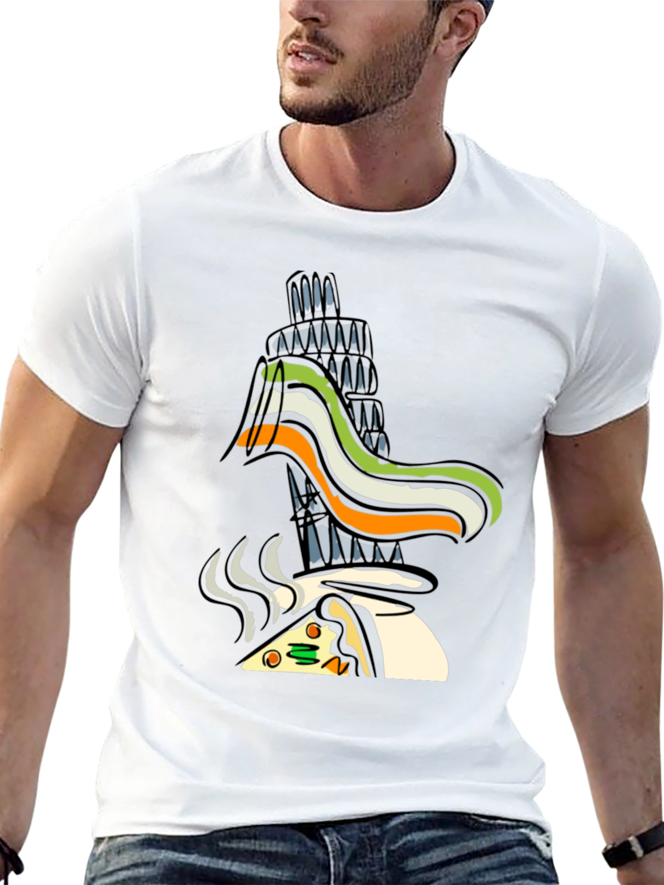 Black Whimsical Pizza & Tower Graphic T-Shirt - Black view 13