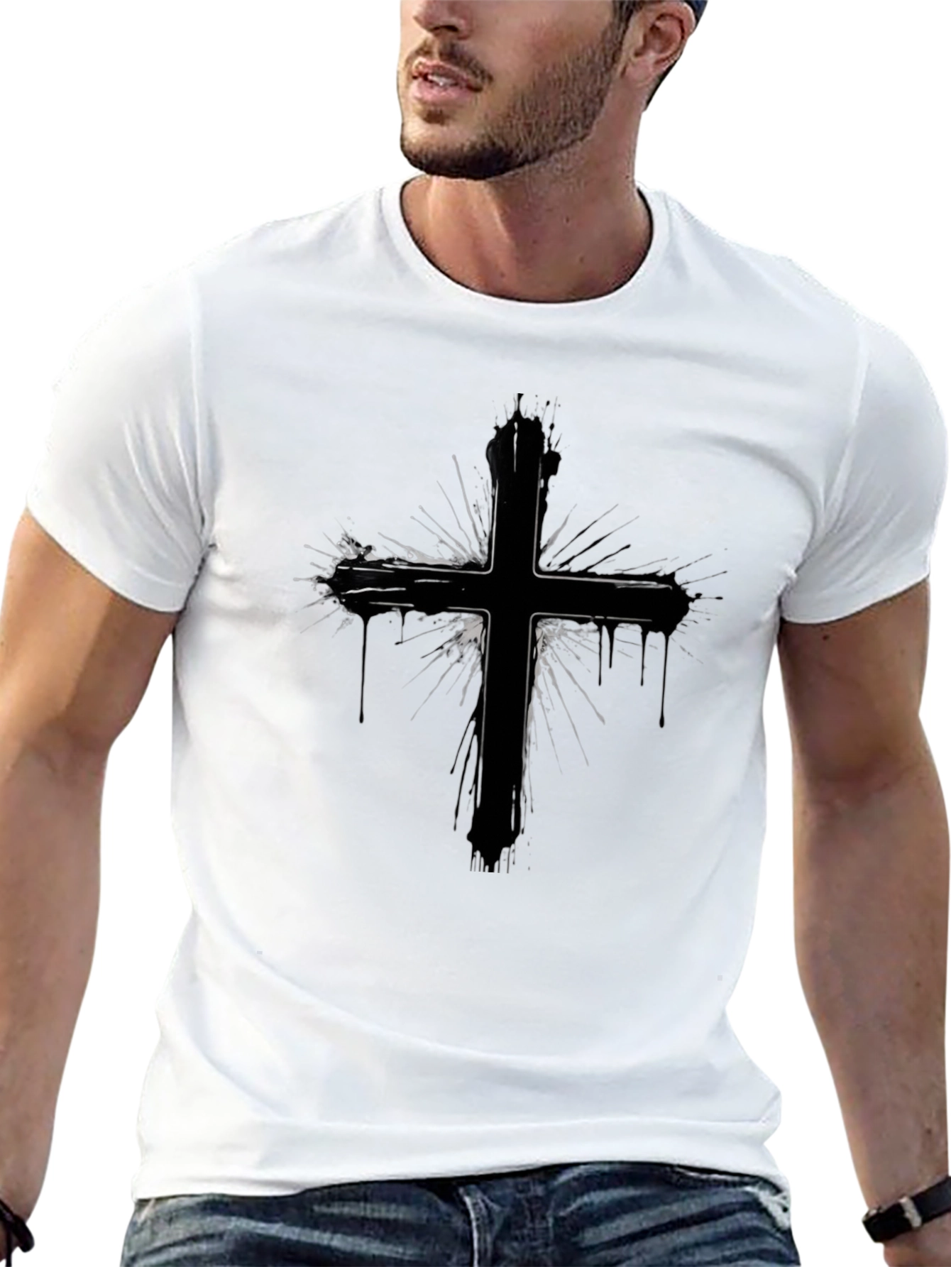 Black Edgy Cross Graphic Tee - Black Cotton Blend view 13
