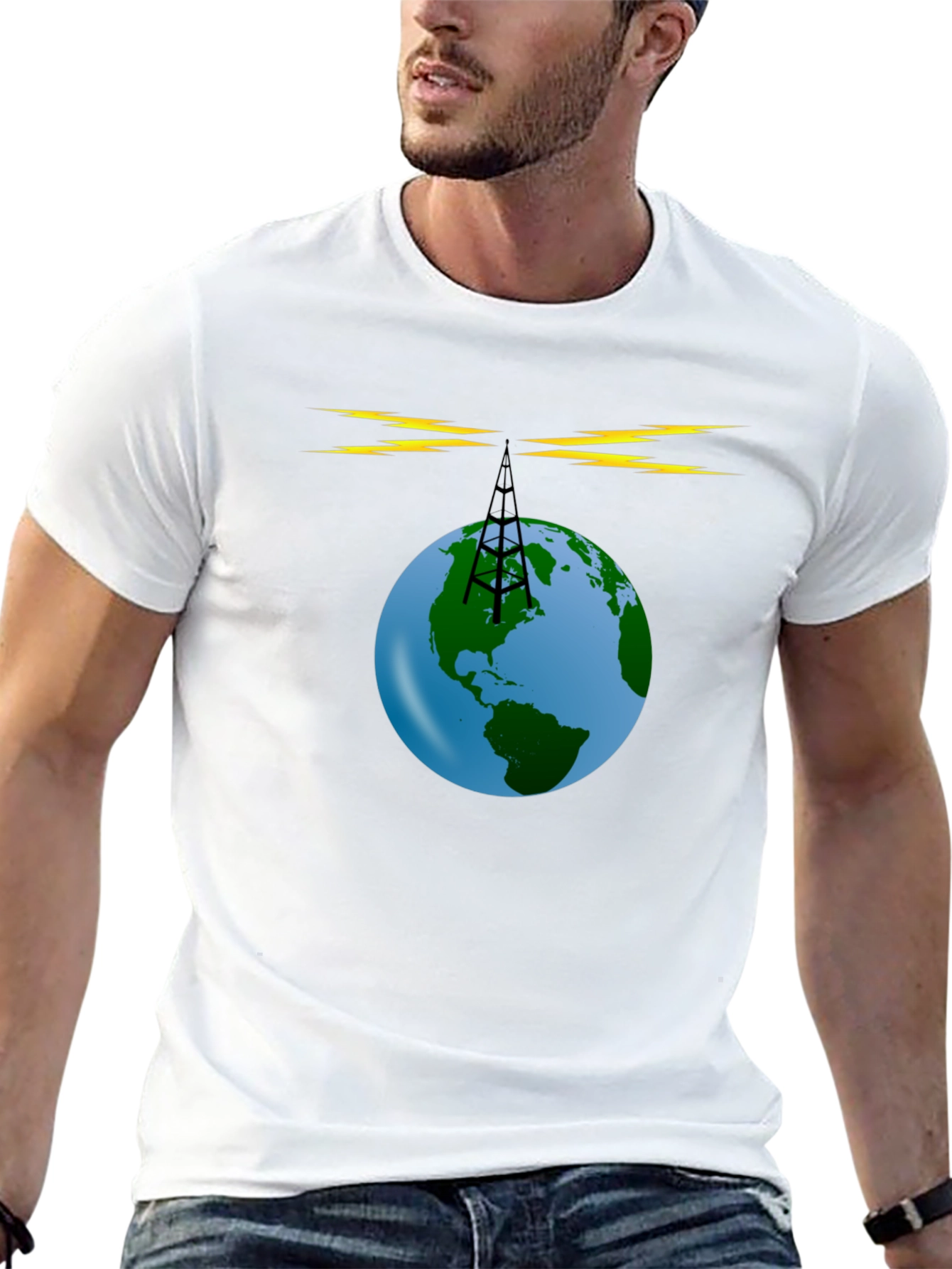 Black Global Radio Tower T-Shirt - Earth Broadcast Design view 13