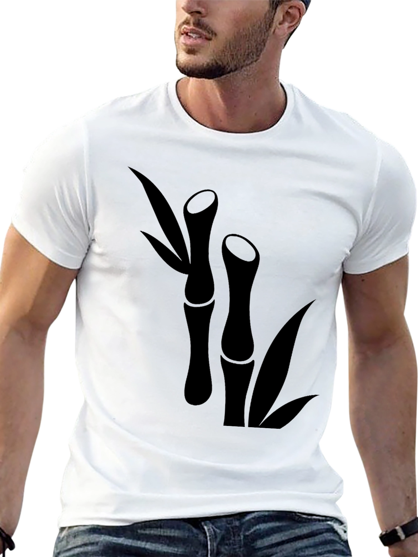 Black Bamboo Print T-Shirt - Black Short Sleeve Casual Tee view 13