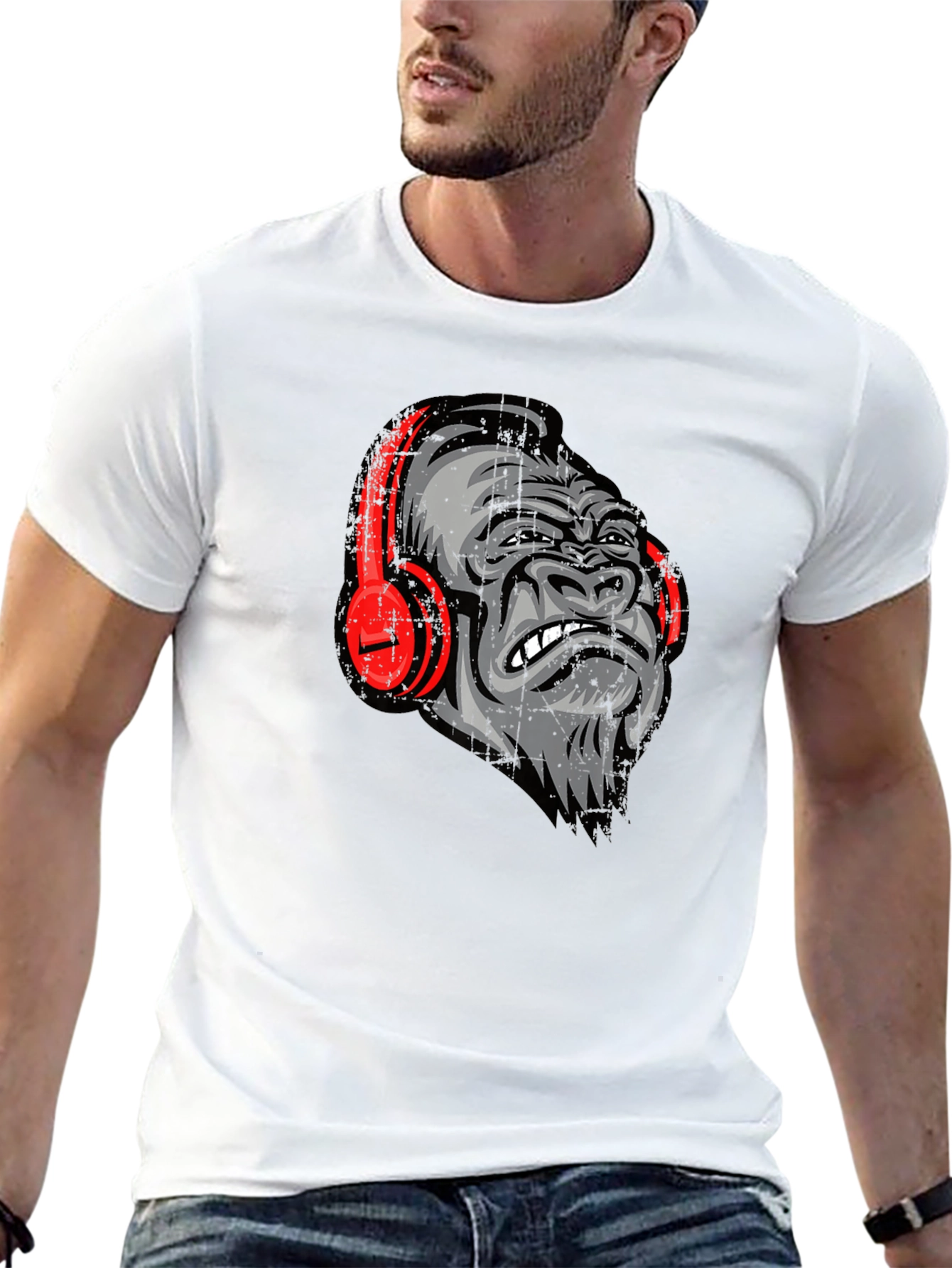 Black Cool Gorilla with Headphones Graphic Tee view 13