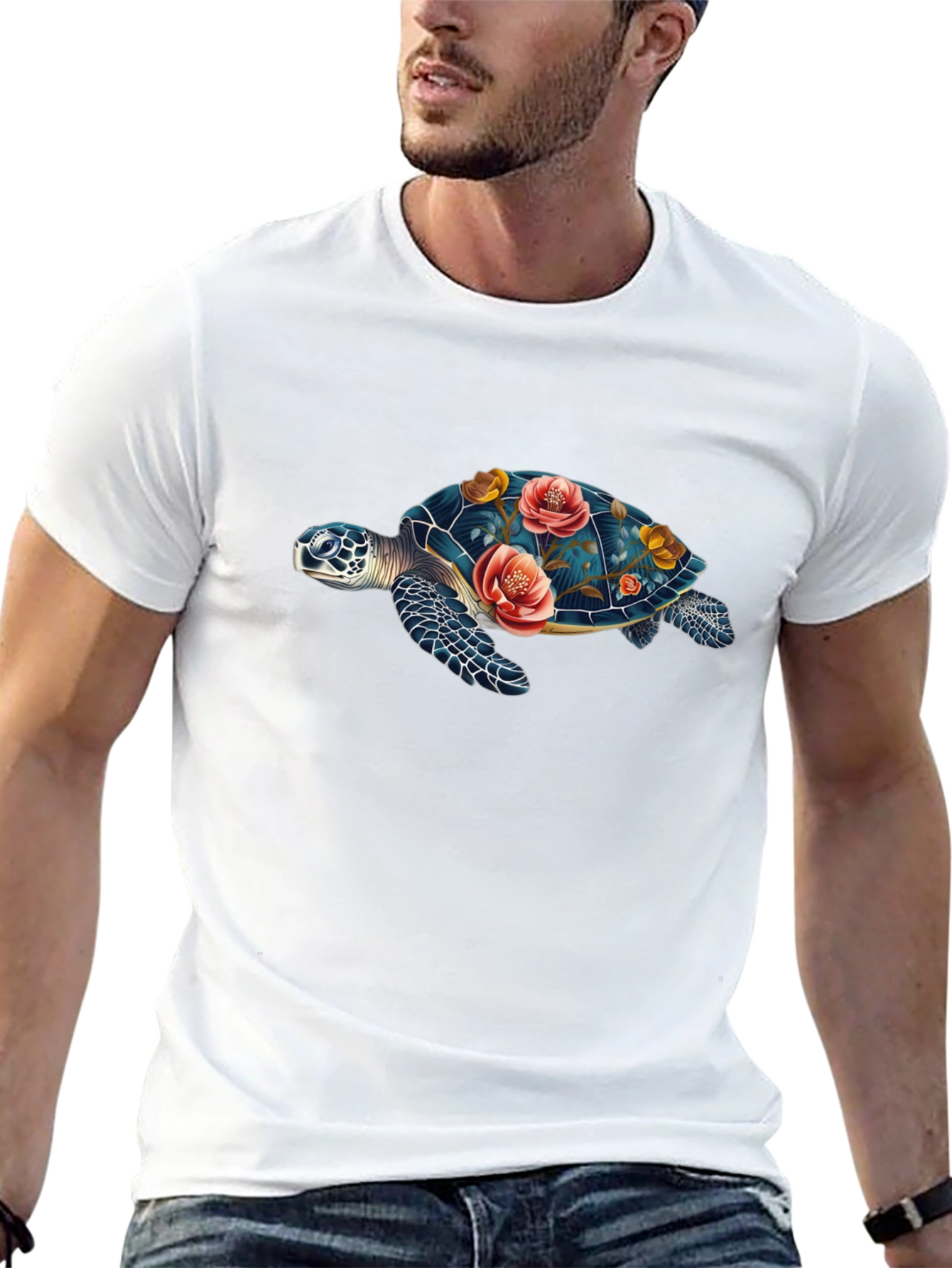 Black Floral Turtle Graphic Tee - Black Cotton Casual T-Shirt view 13