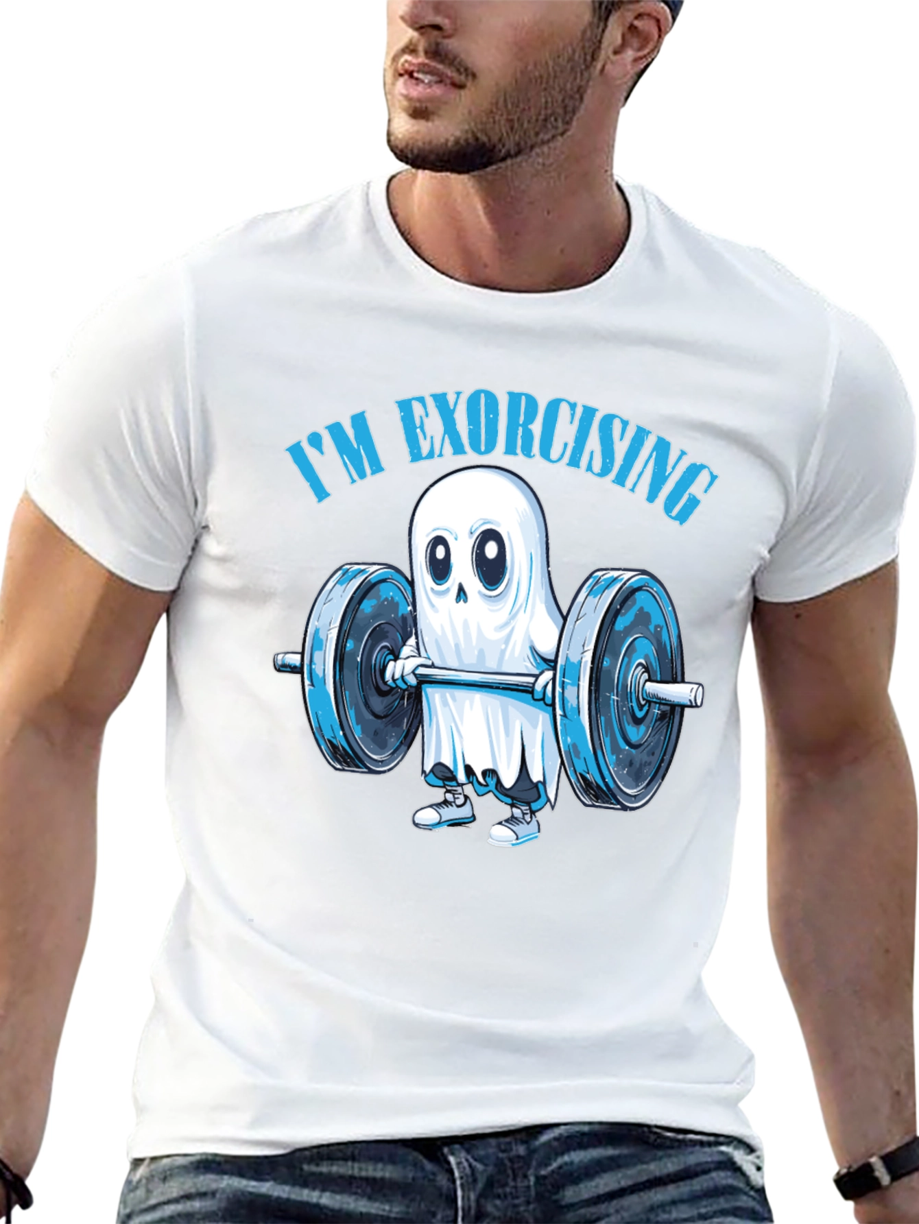 Black Funny Ghost Weightlifting T-Shirt: "I'm Exorcising!" view 13