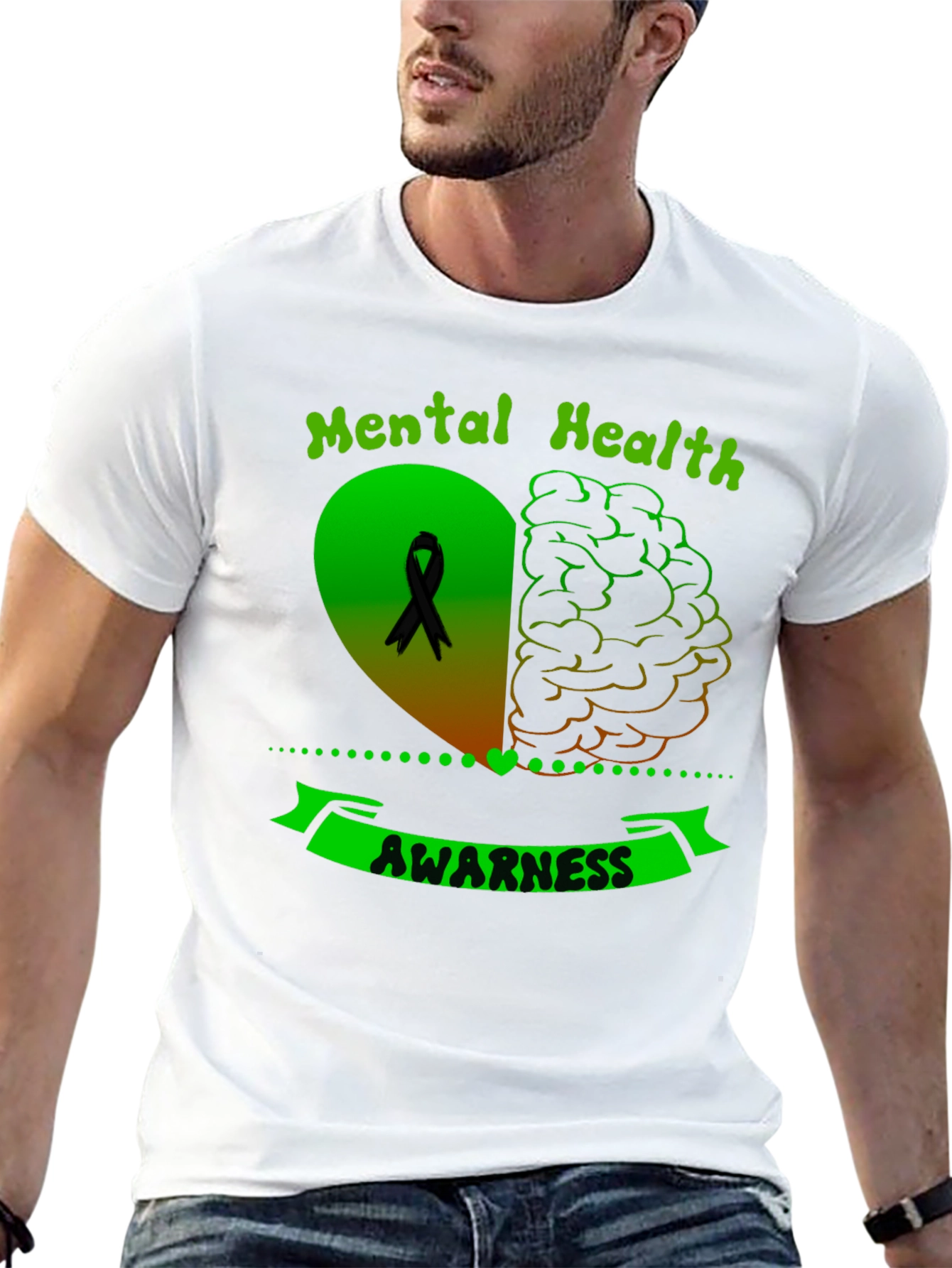 Black Mental Health Awareness Ribbon Heart Brain T-Shirt view 13