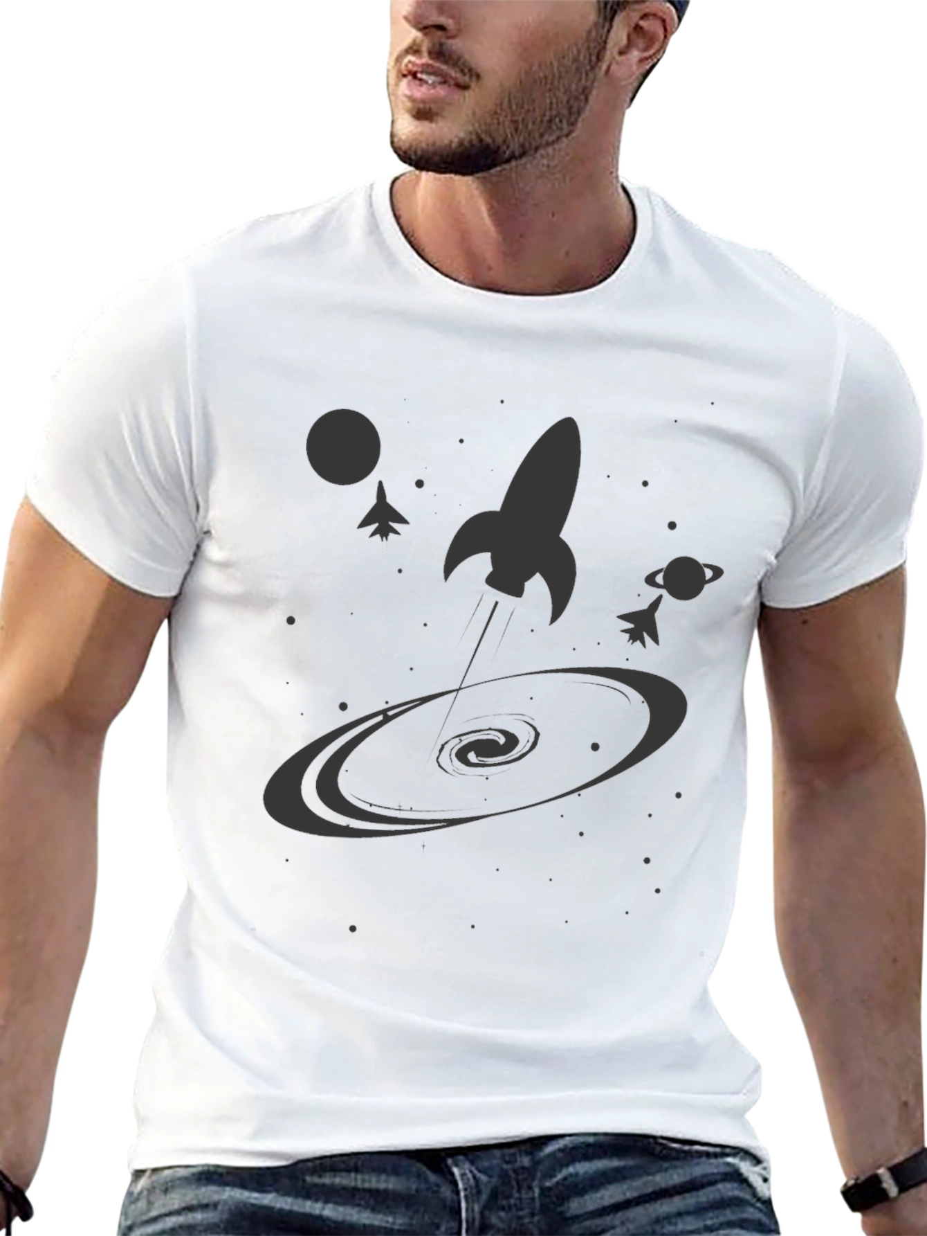 Black Space Rocket Galaxy Graphic Tee - Black Cotton Casual Shirt view 13