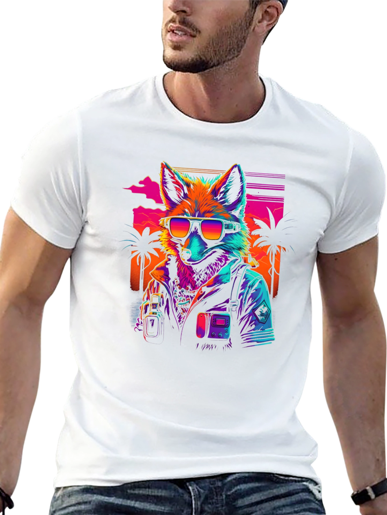 Black Retro Fox T-Shirt - Synthwave Style view 13