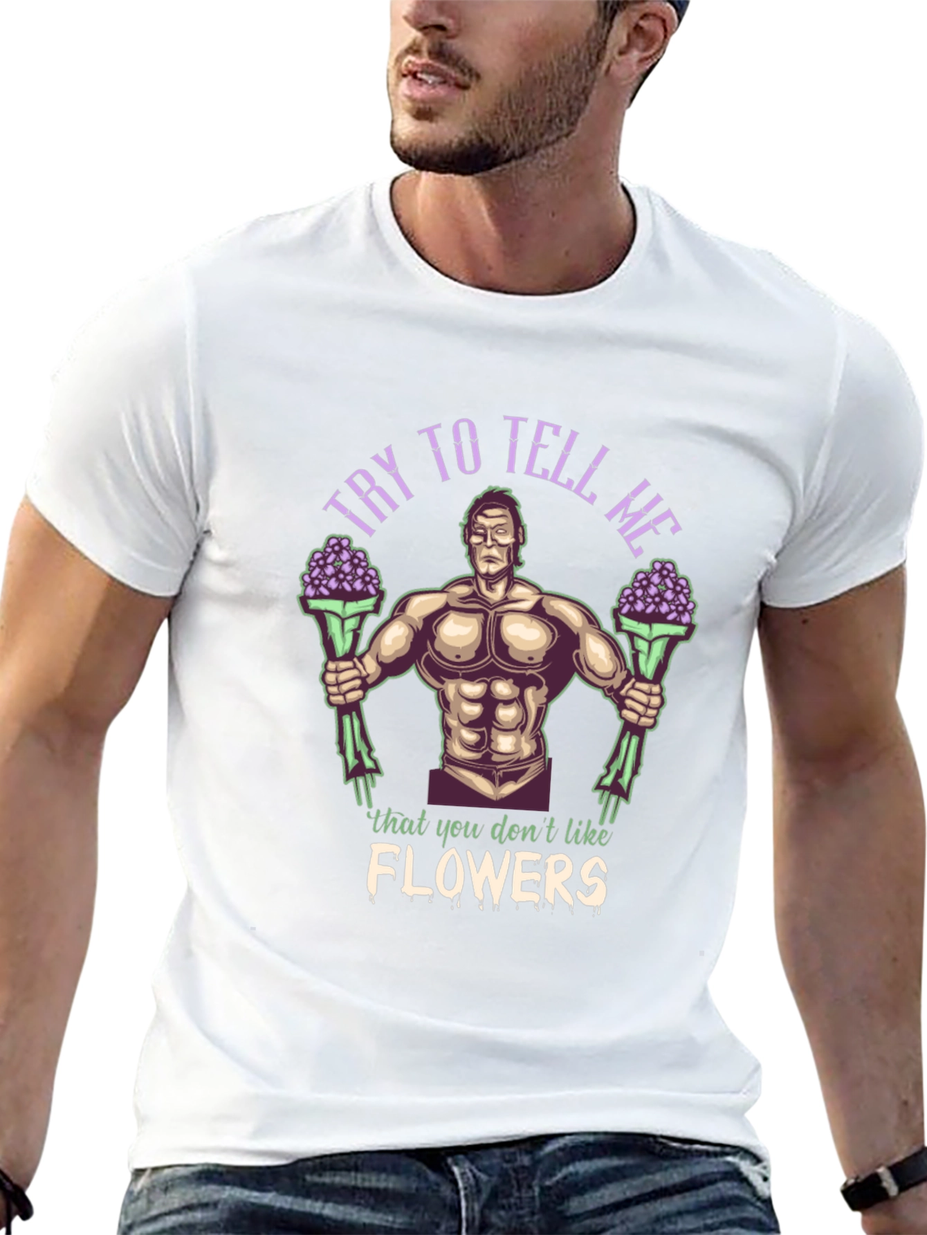 Black Funny Graphic T-Shirt - Buff Guy with Flowers view 13