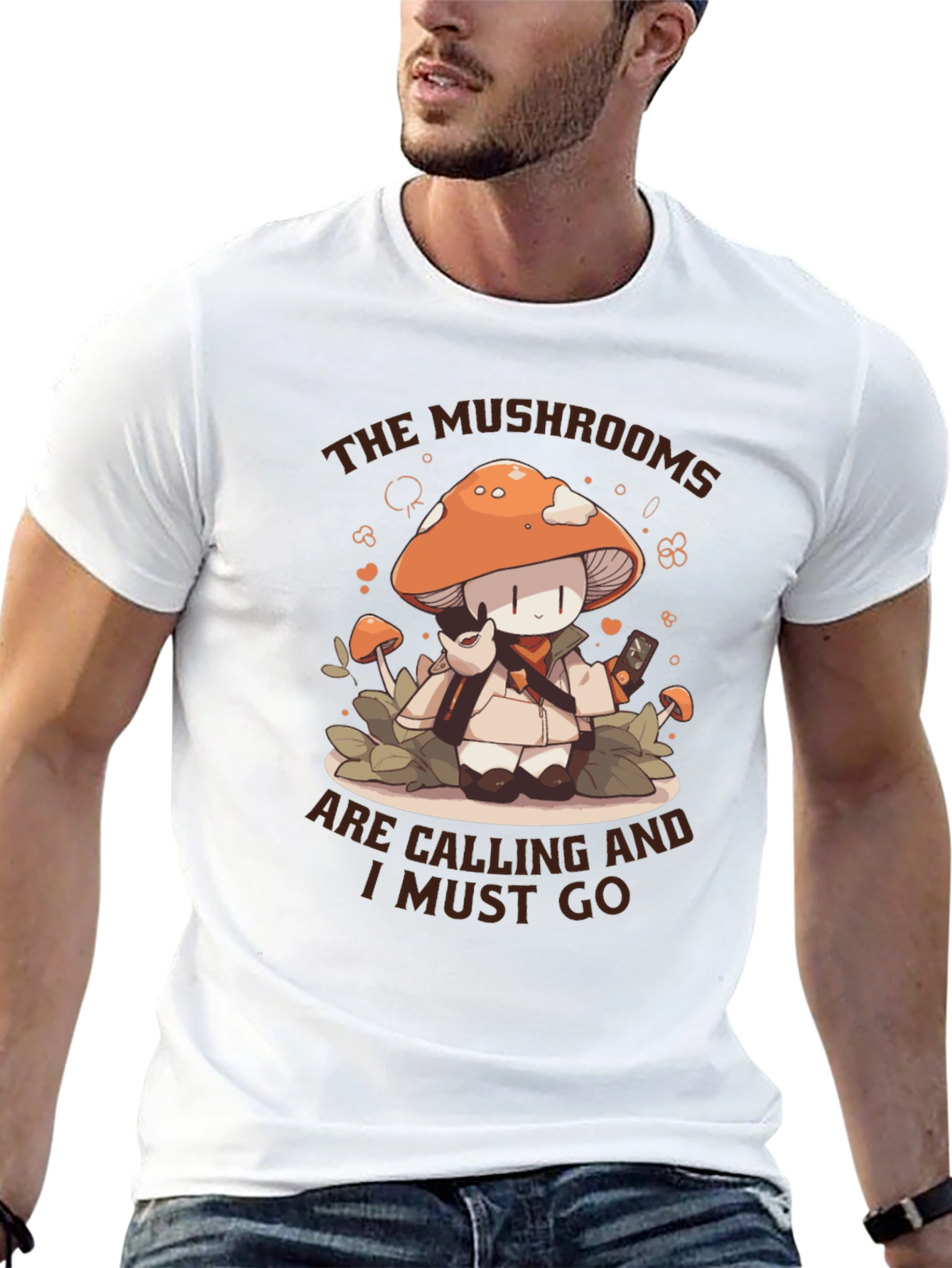 Black Mushroom Calling T-Shirt -  Cute Cartoon Graphic Tee view 13