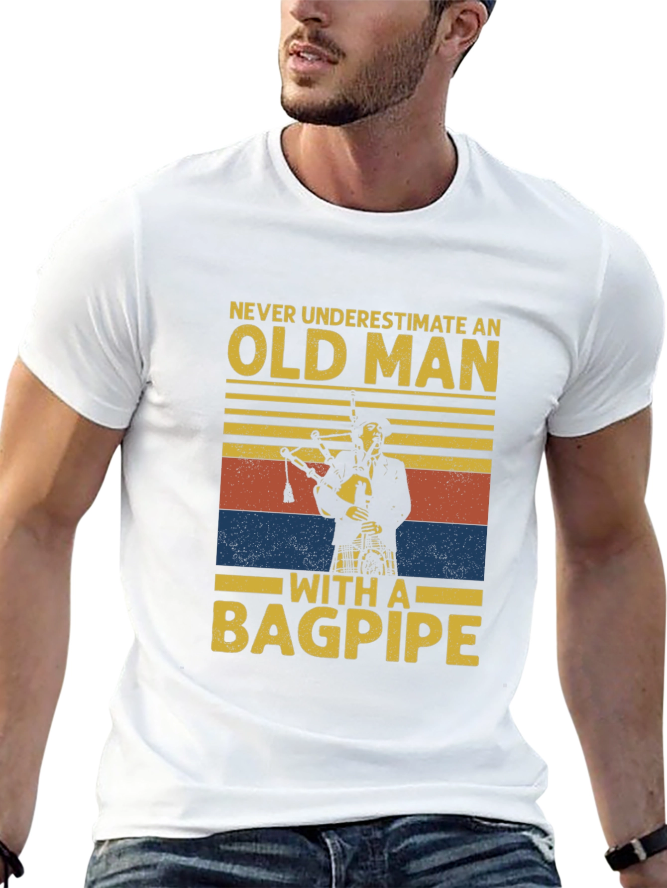Black Old Man with a Bagpipe T-Shirt - Novelty Graphic Tee view 13