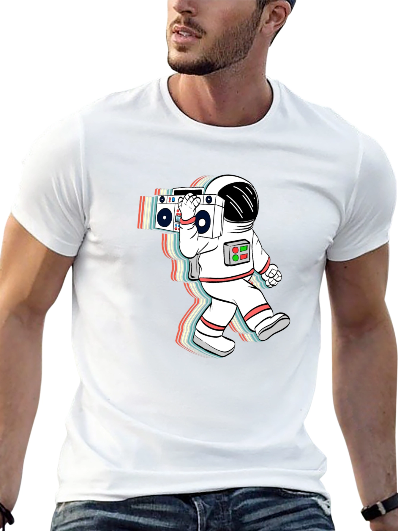 Black Retro Astronaut Boombox Black T-Shirt view 13