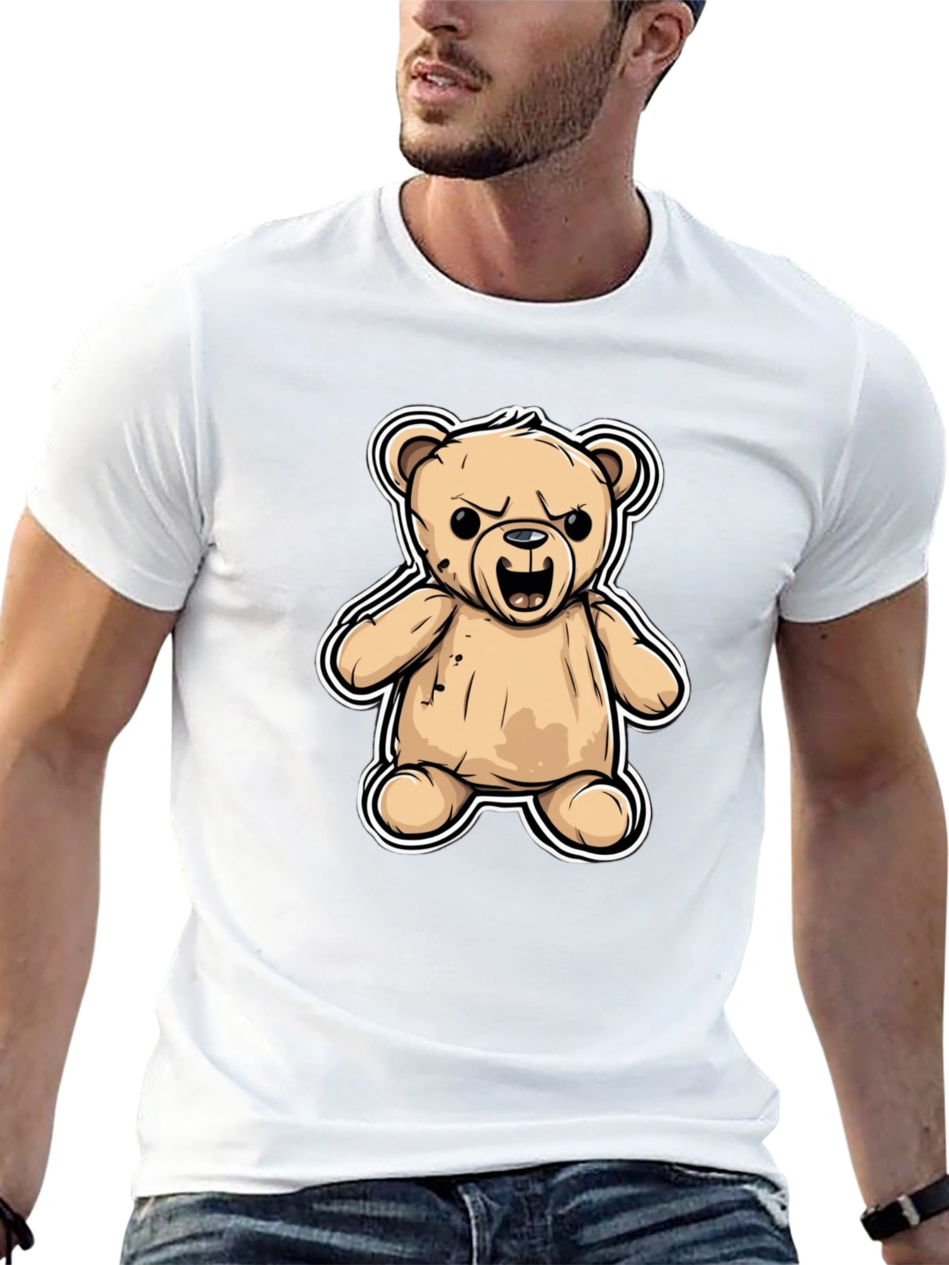 Black Men's Black T-Shirt with Cartoon Angry Teddy Bear Design view 13