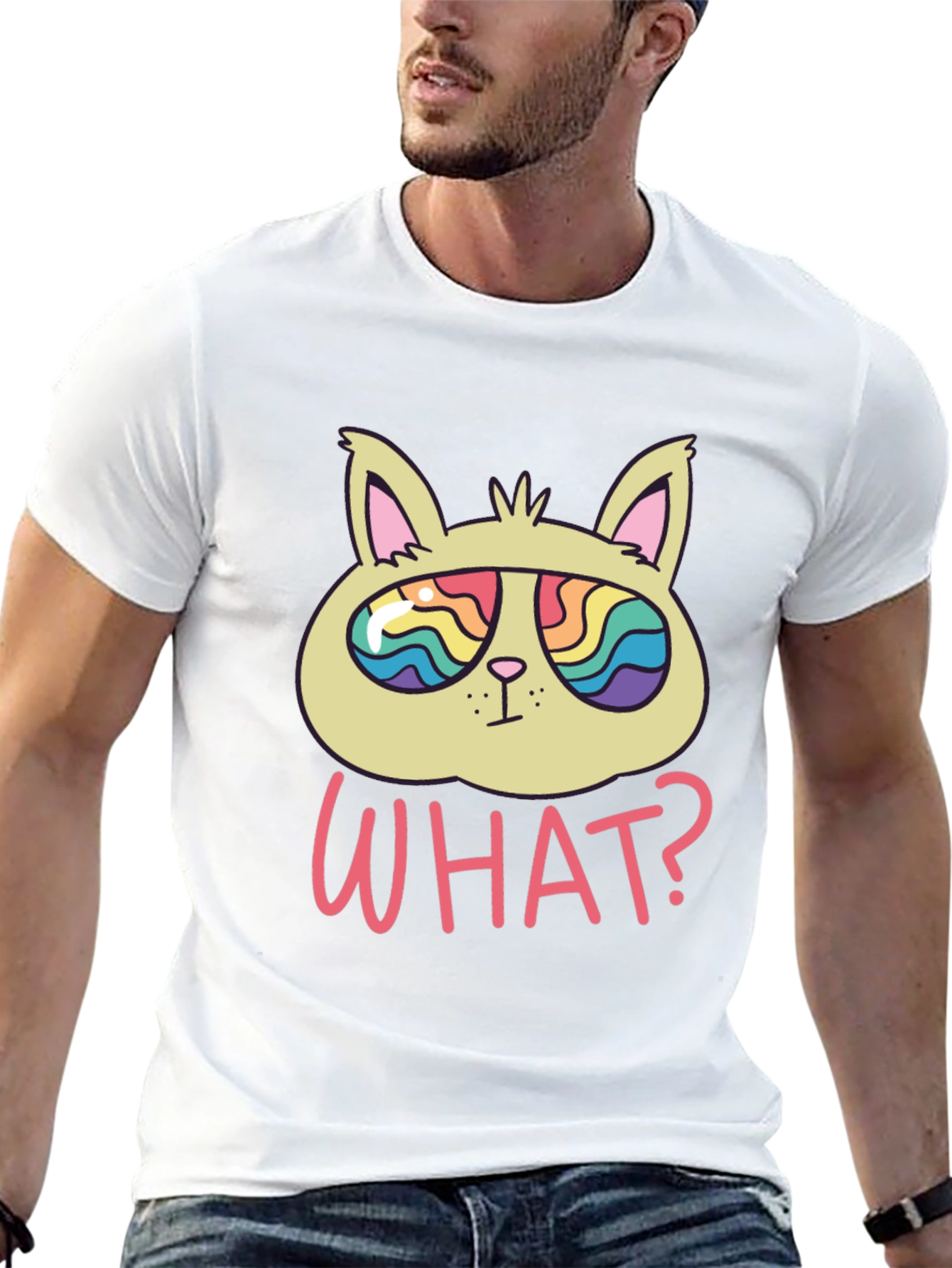 Black Funny Cat T-Shirt - What? Rainbow Sunglasses view 13