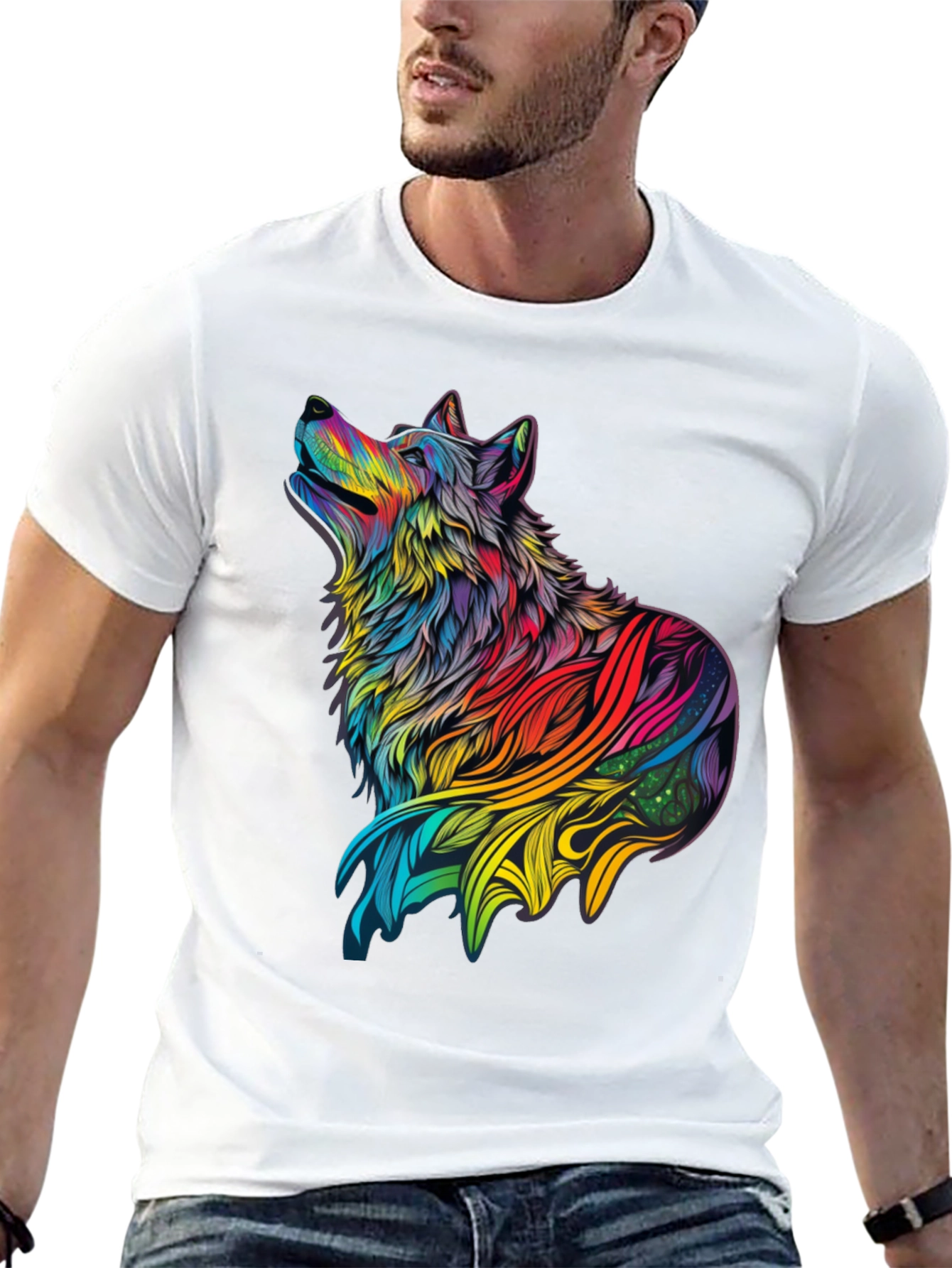 Black Rainbow Wolf Graphic Black T-Shirt view 13