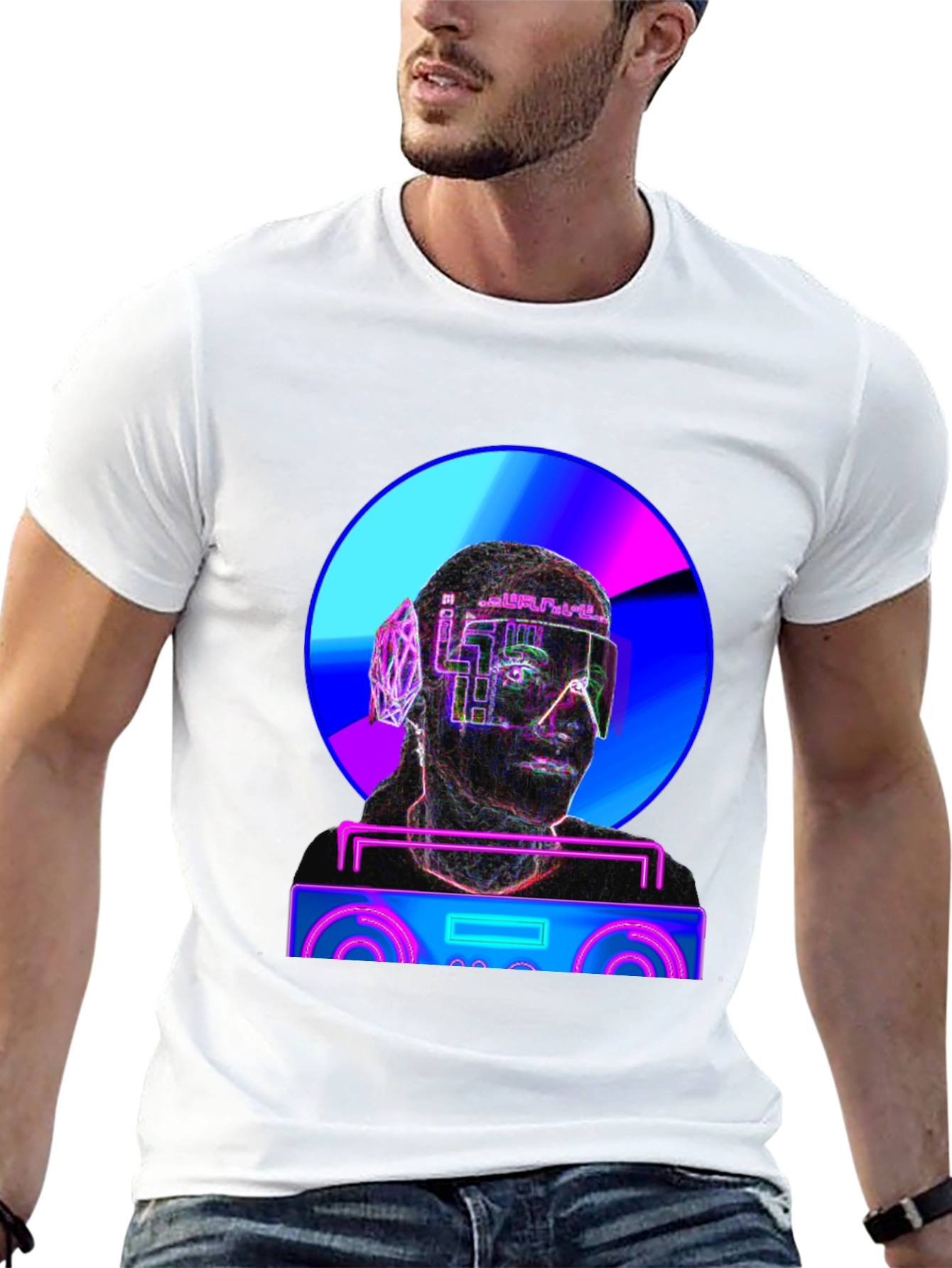 Black Cyberpunk DJ T-Shirt - Futuristic Neon Design view 13