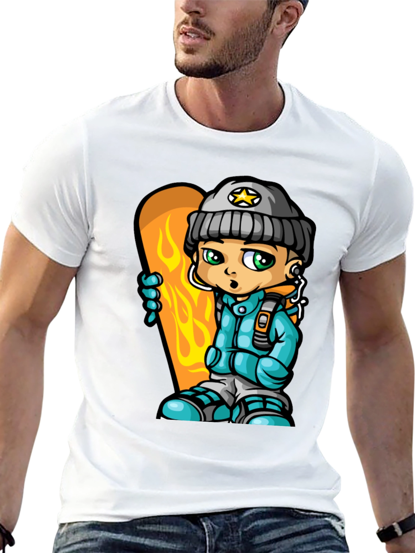 Black Cartoon Snowboarder Graphic Tee - Black Cotton Blend view 13