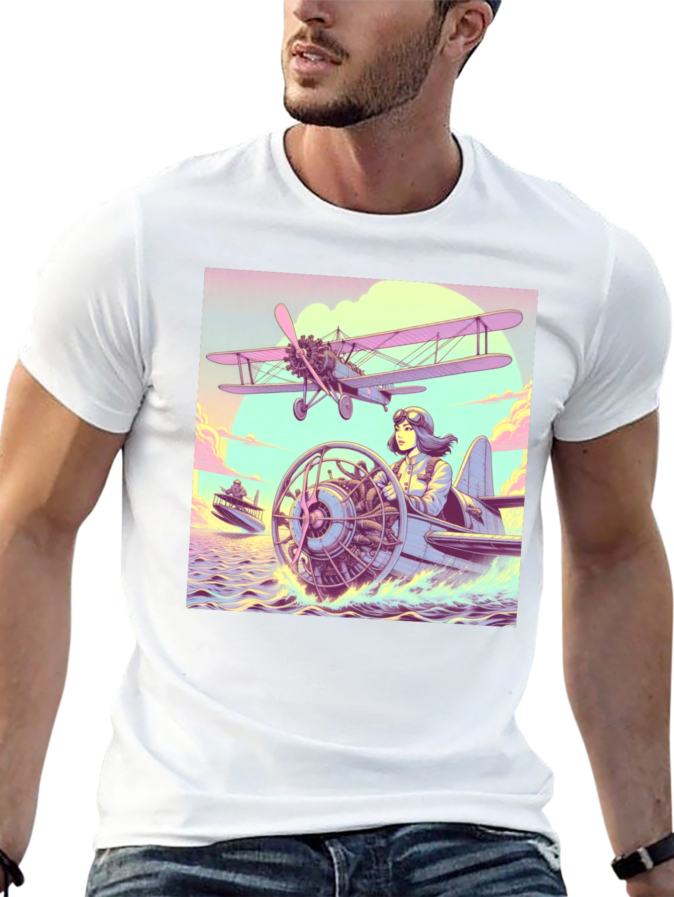 Black Retro Aviation T-Shirt - Pilot in Seaplane Design view 13