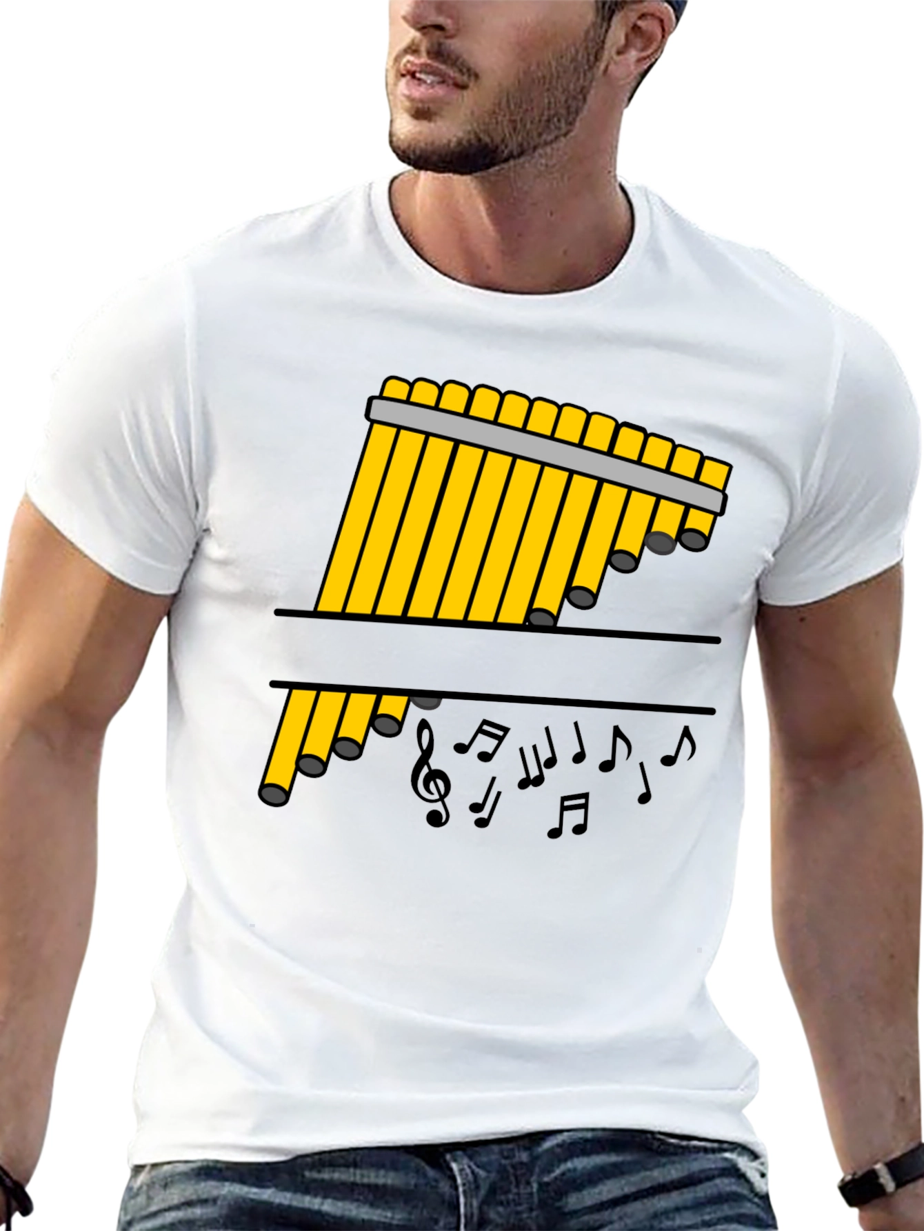 Black Pan Flute Music Notes Black Graphic Tee view 13
