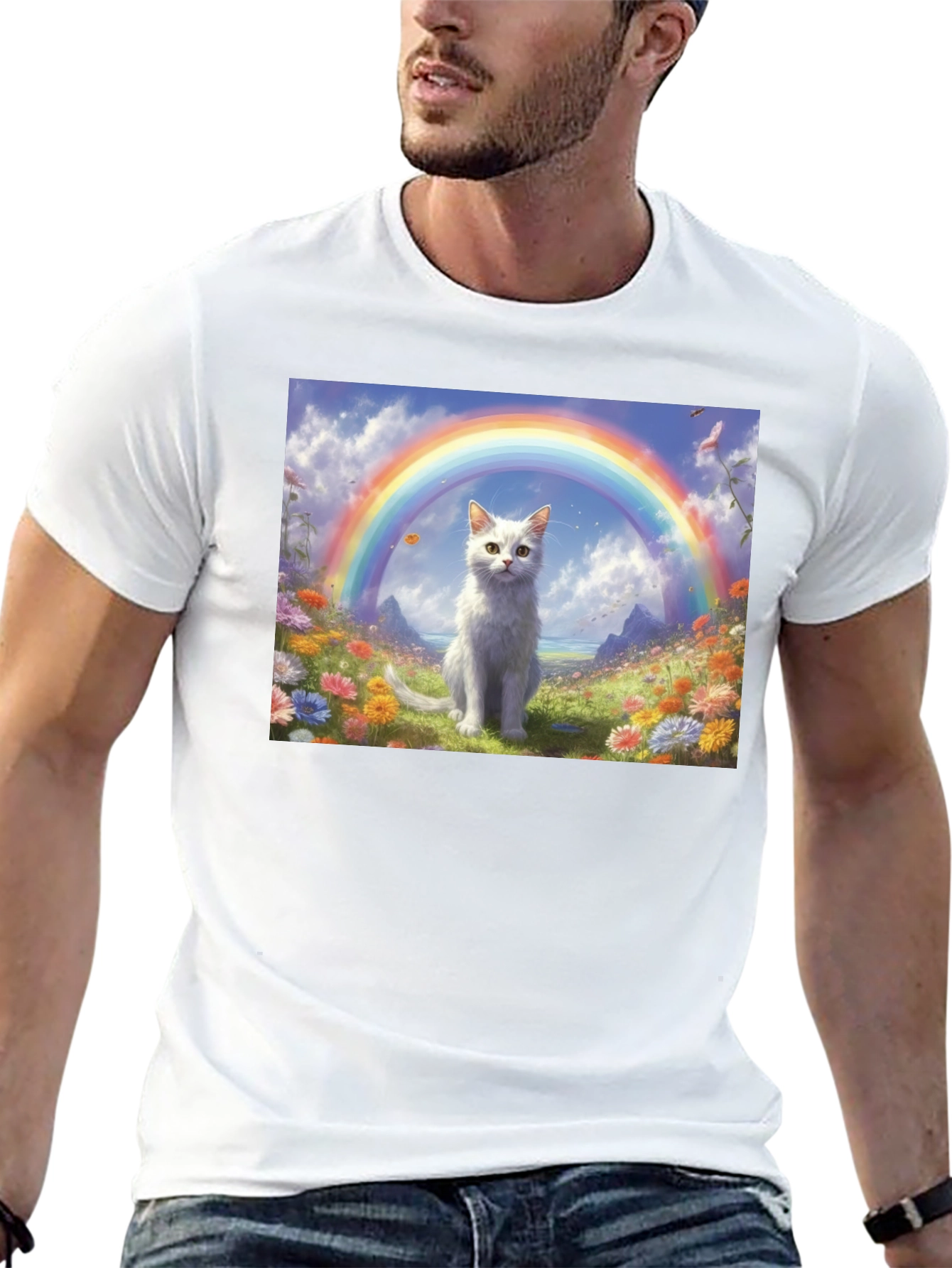 Black Cat Rainbow Field T-Shirt - Unique Design view 13