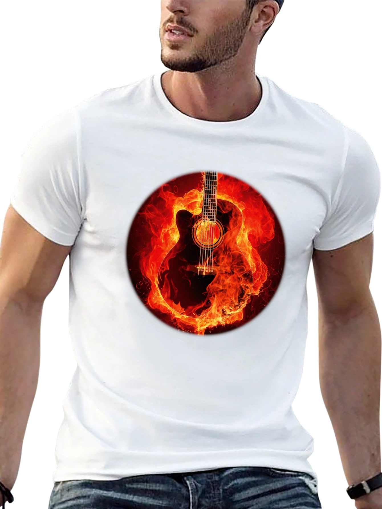 Black Fiery Guitar Graphic Tee - Black Cotton Blend view 13