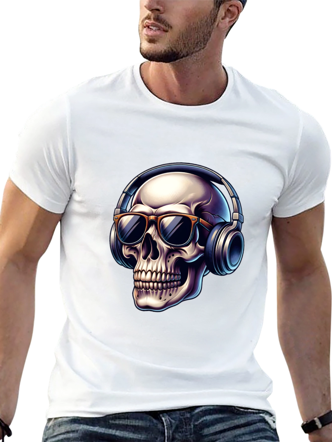 Black Skull with Headphones Graphic T-Shirt - Cool Design view 13