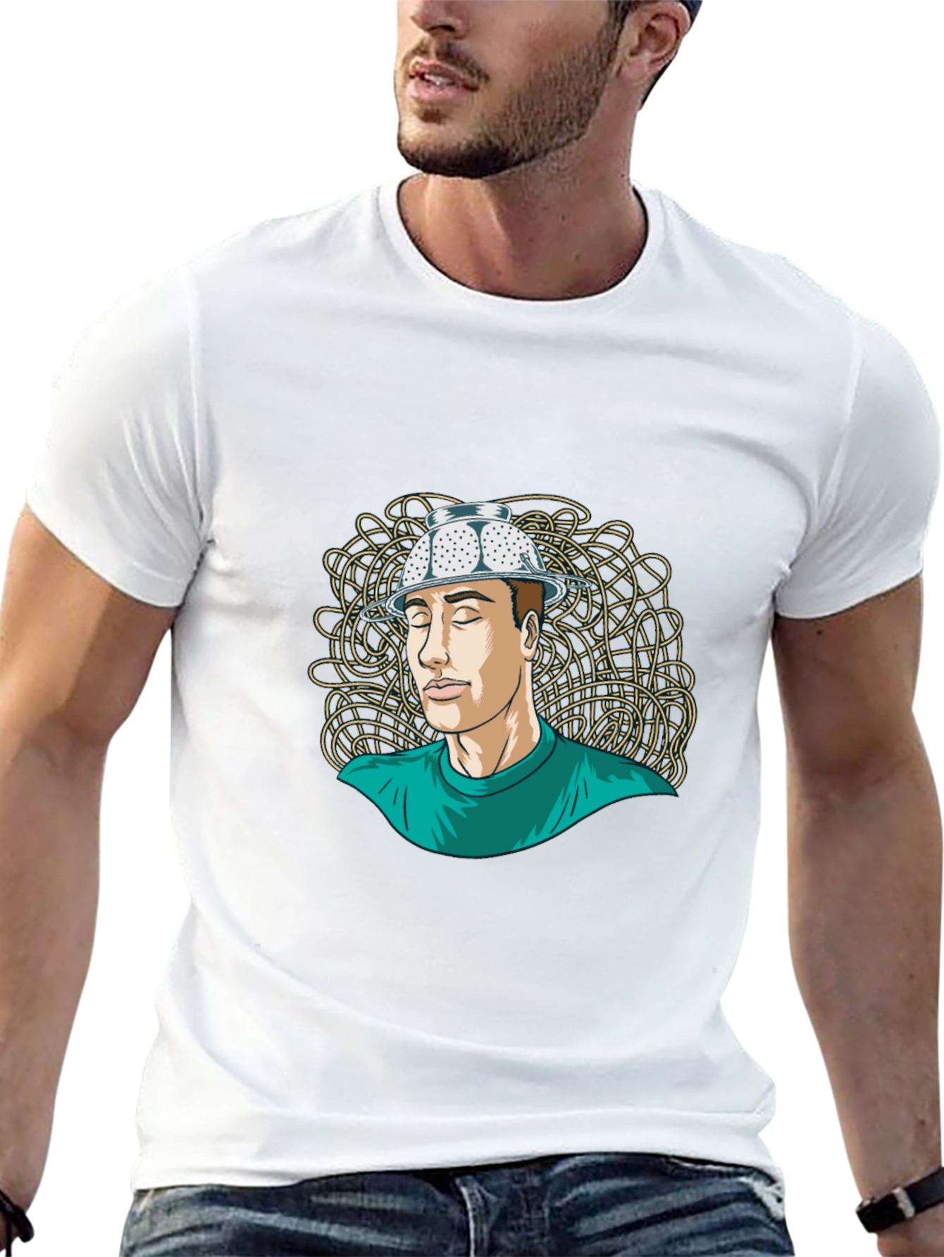 Black Colander Hat Man Tee - Quirky Graphic T-Shirt view 13